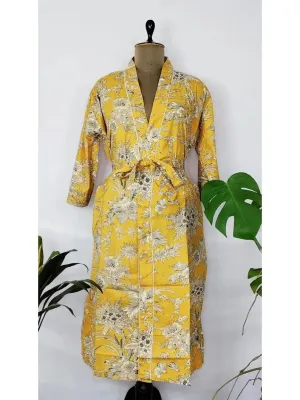 Pure Cotton Indian Handprinted House Robe Summer Kimono | Black Yellow Anthro Leaf Floral Print Beach Coverup/Comfy Maternity Mom Gift