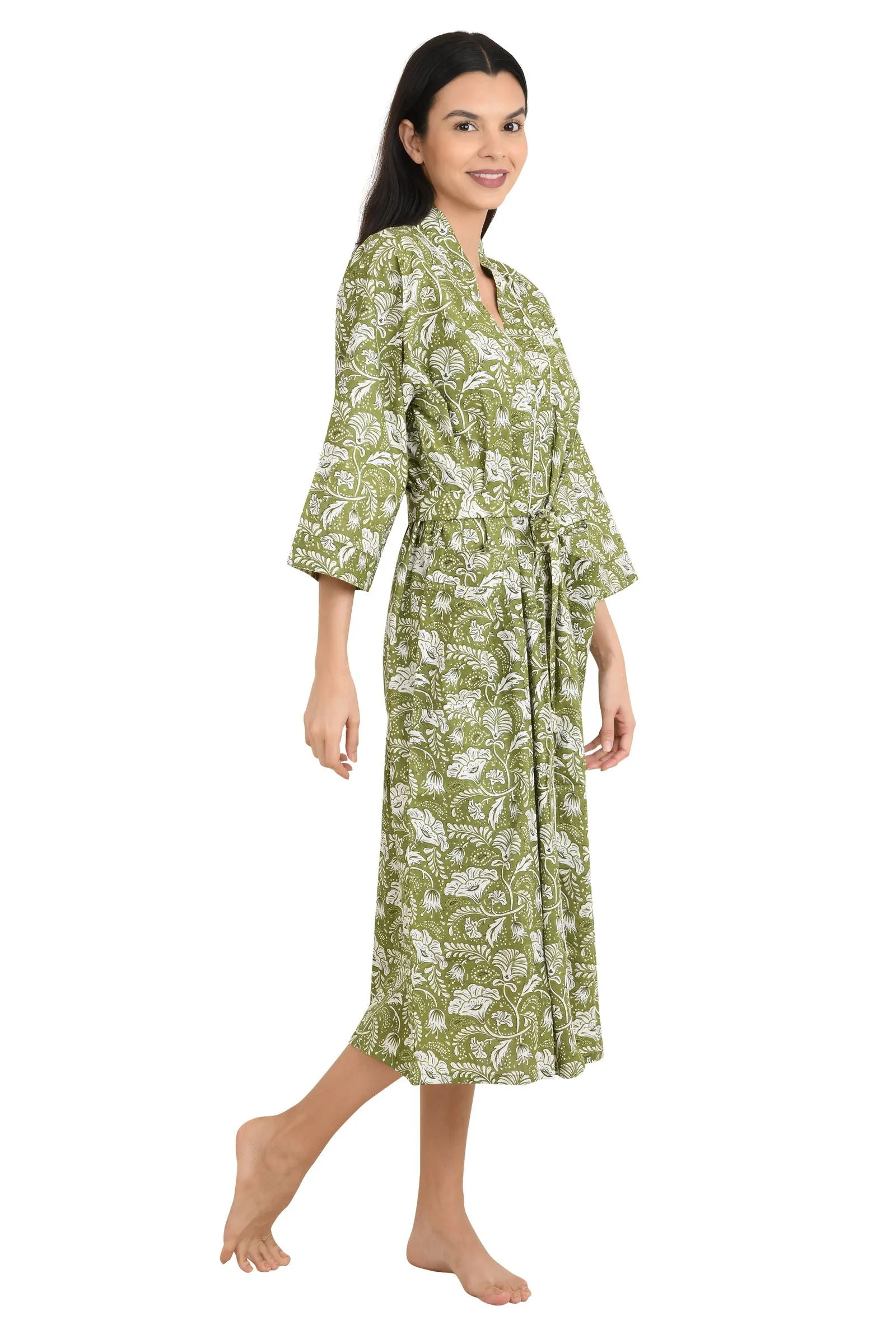 Pure Cotton Kimono Indian Handprinted Boho House Robe Summer Dress | Green White Floral Print | Beach Cover Up Wear | Christmas Present