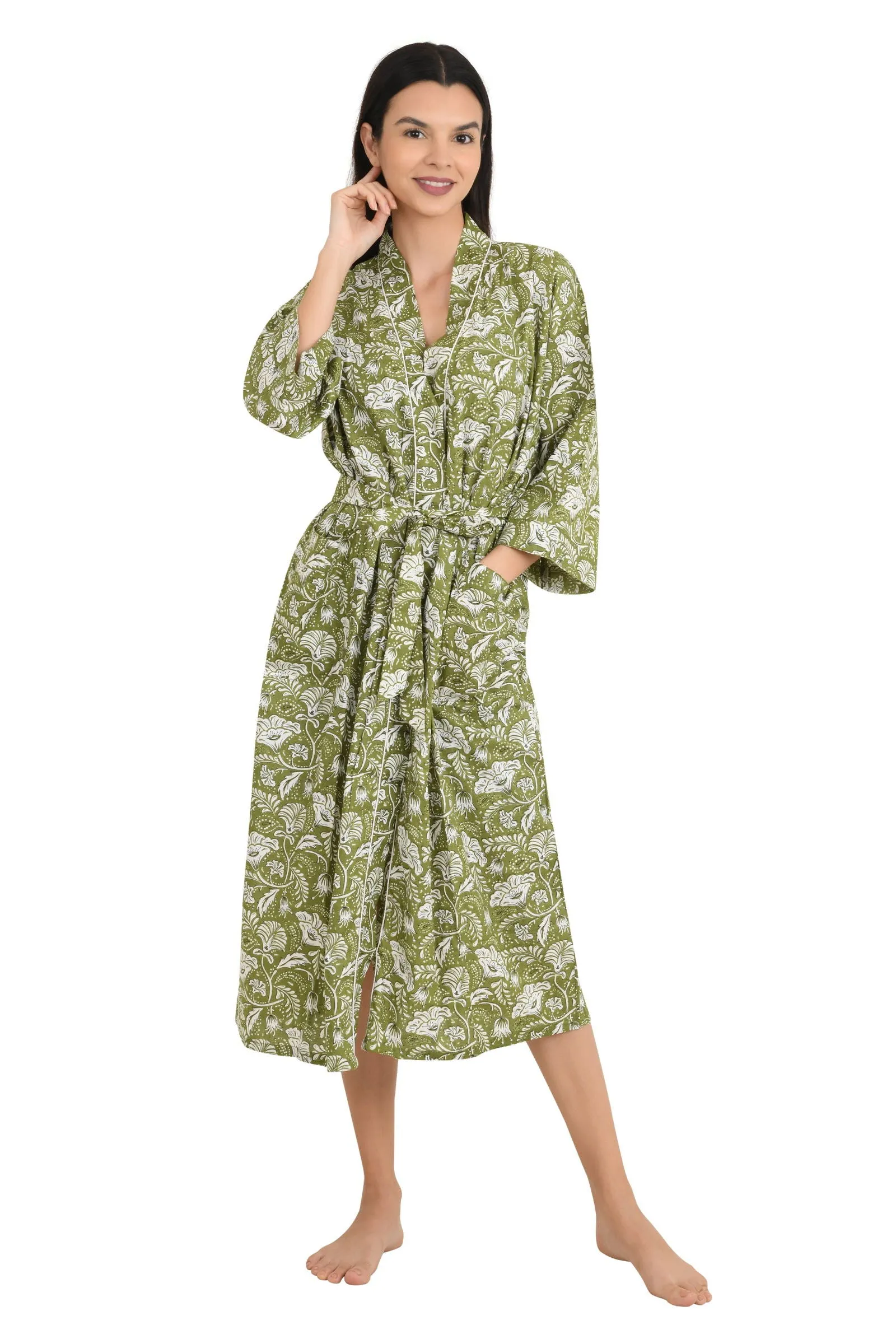 Pure Cotton Kimono Indian Handprinted Boho House Robe Summer Dress | Green White Floral Print | Beach Cover Up Wear | Christmas Present