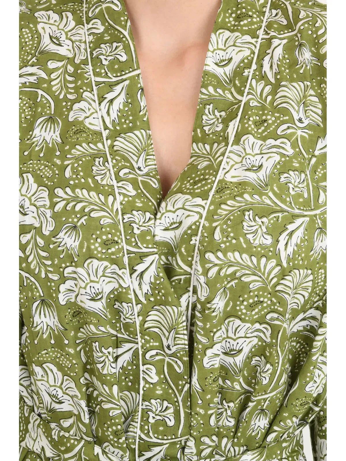 Pure Cotton Kimono Indian Handprinted Boho House Robe Summer Dress | Green White Floral Print | Beach Cover Up Wear | Christmas Present
