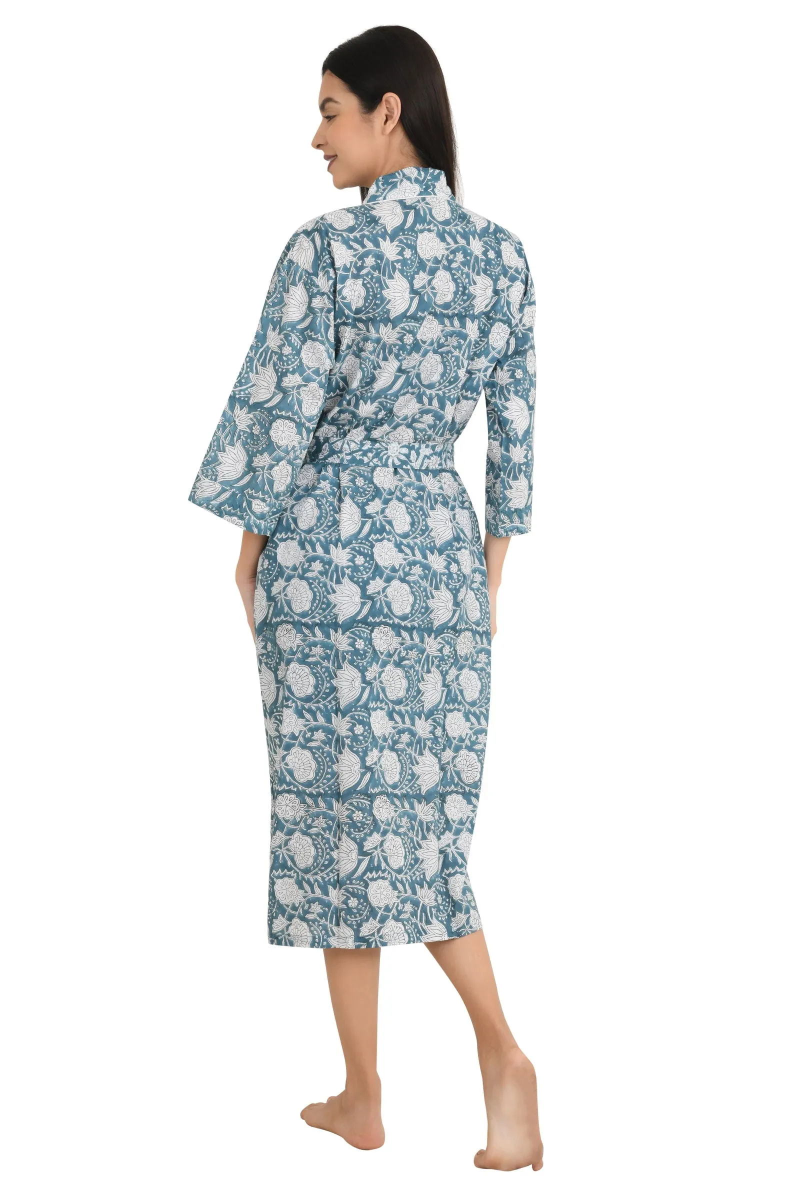 Pure Cotton Kimono Indian Handprinted Boho House Robe Summer Dress | Grey White Floral Print | Beach Cover Up Wear | Christmas Present