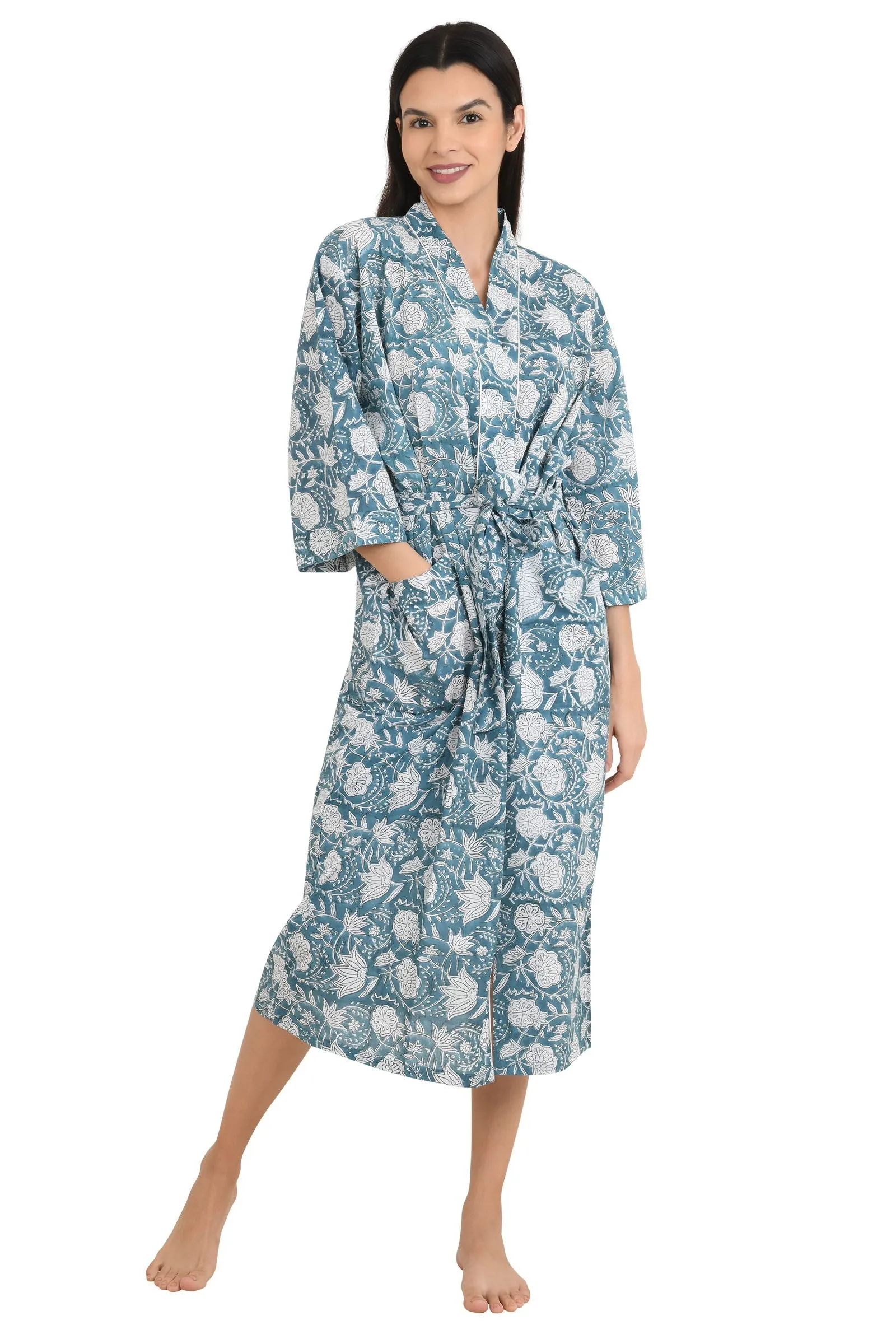 Pure Cotton Kimono Indian Handprinted Boho House Robe Summer Dress | Grey White Floral Print | Beach Cover Up Wear | Christmas Present