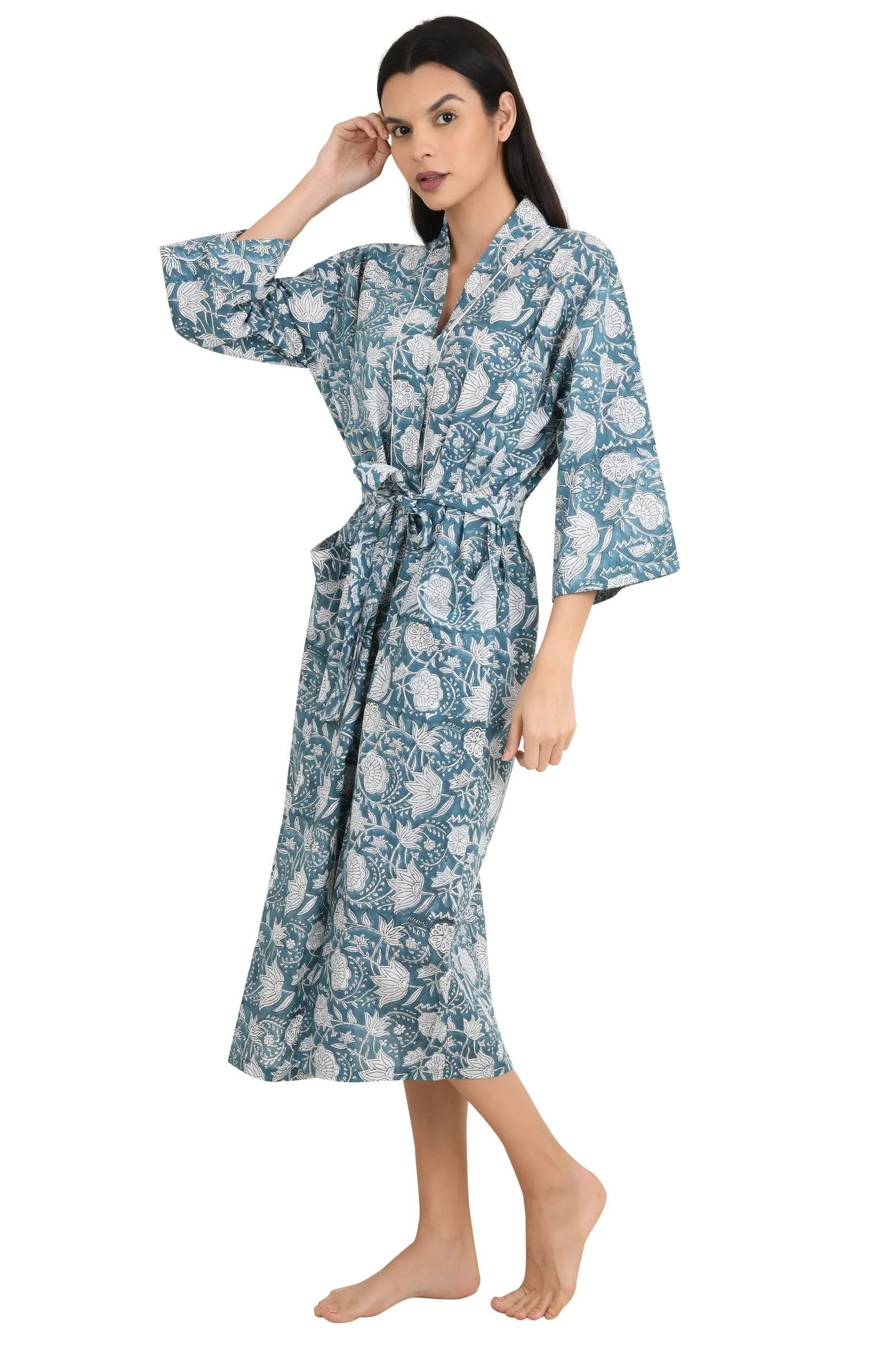 Pure Cotton Kimono Indian Handprinted Boho House Robe Summer Dress | Grey White Floral Print | Beach Cover Up Wear | Christmas Present