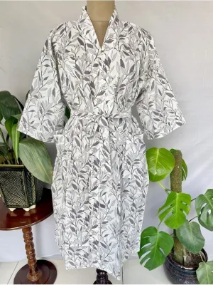 Pure Cotton Kimono Indian Handprinted Boho House Robe Summer Dress, Grey White Leaf Botanical Beach Coverup Maternity Mom Bridal