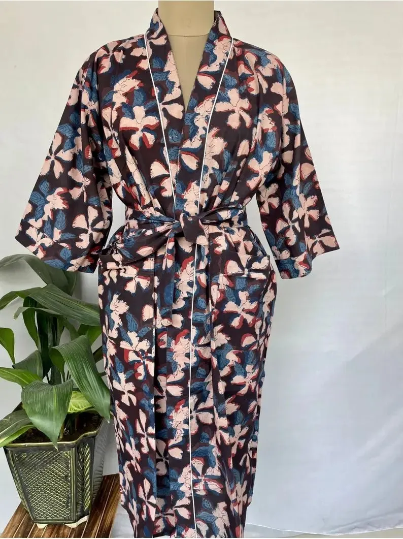 Pure Cotton Kimono Indian Handprinted Boho House Robe Summer Dress, Mid Night Black Blue Hue Floral Beach Coverup/Comfy Maternity Mom Bridal