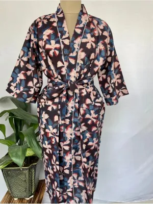 Pure Cotton Kimono Indian Handprinted Boho House Robe Summer Dress, Mid Night Black Blue Hue Floral Beach Coverup/Comfy Maternity Mom Bridal