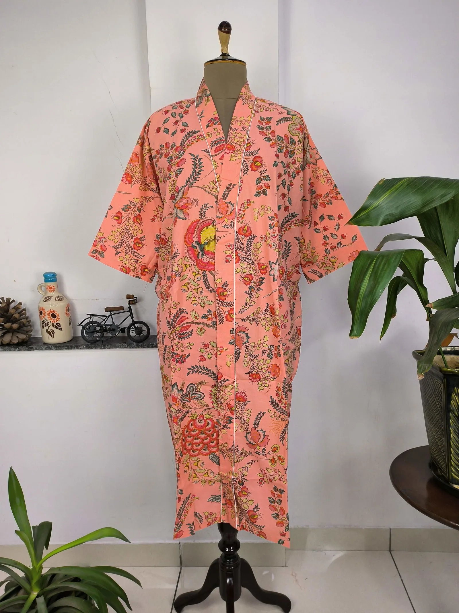 Pure Cotton Kimono Indian Handprinted Boho House Robe Summer Dress | Peach Red Floral Beach Cover Up Wear | Christmas Present, Gift For Her