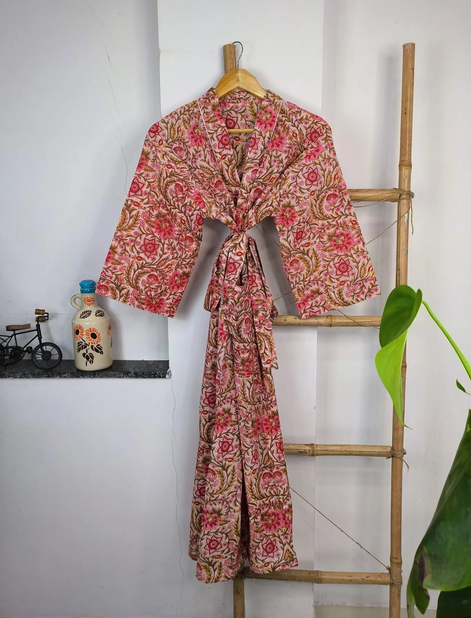 Pure Cotton Kimono Indian Handprinted Boho House Robe Summer Dress | Peach Red Floral Print | Beach Cover Up Wear | Christmas Present
