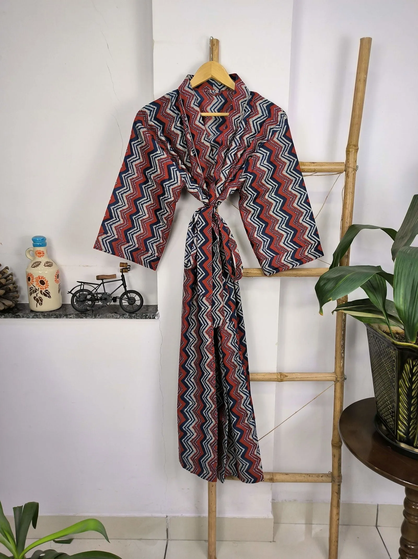 Pure Cotton Kimono Indian Handprinted Boho House Robe Summer Dress | Red Blue Geometric Print | Beach Cover Up Wear | Christmas Present