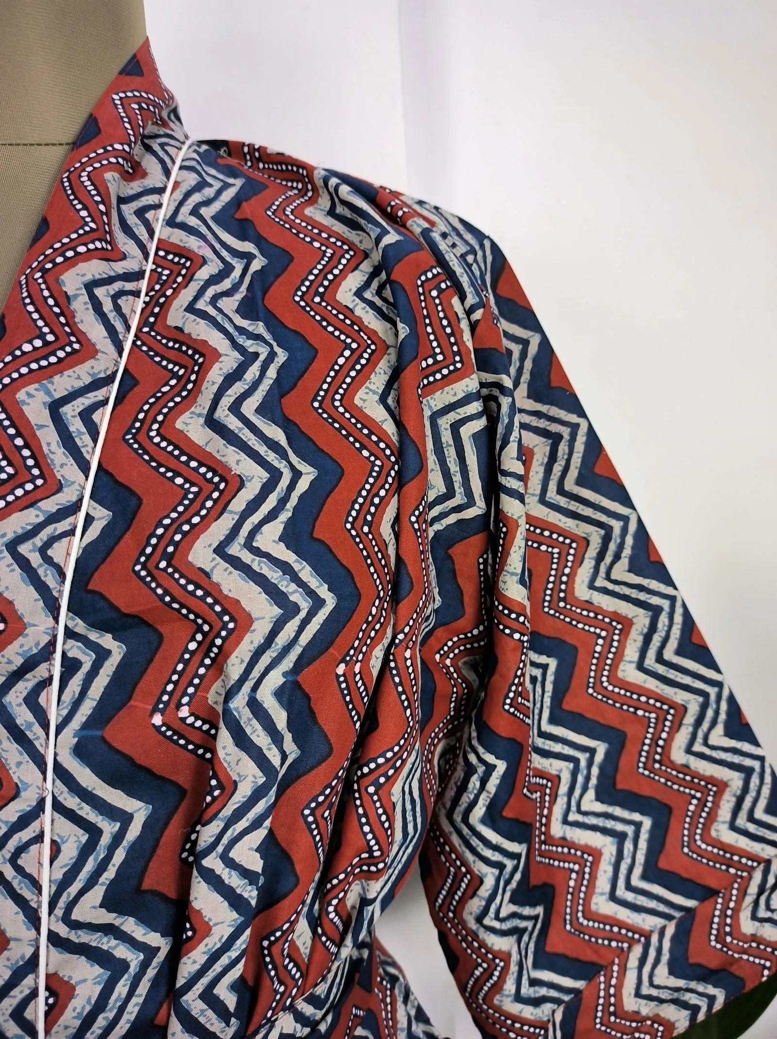 Pure Cotton Kimono Indian Handprinted Boho House Robe Summer Dress | Red Blue Geometric Print | Beach Cover Up Wear | Christmas Present
