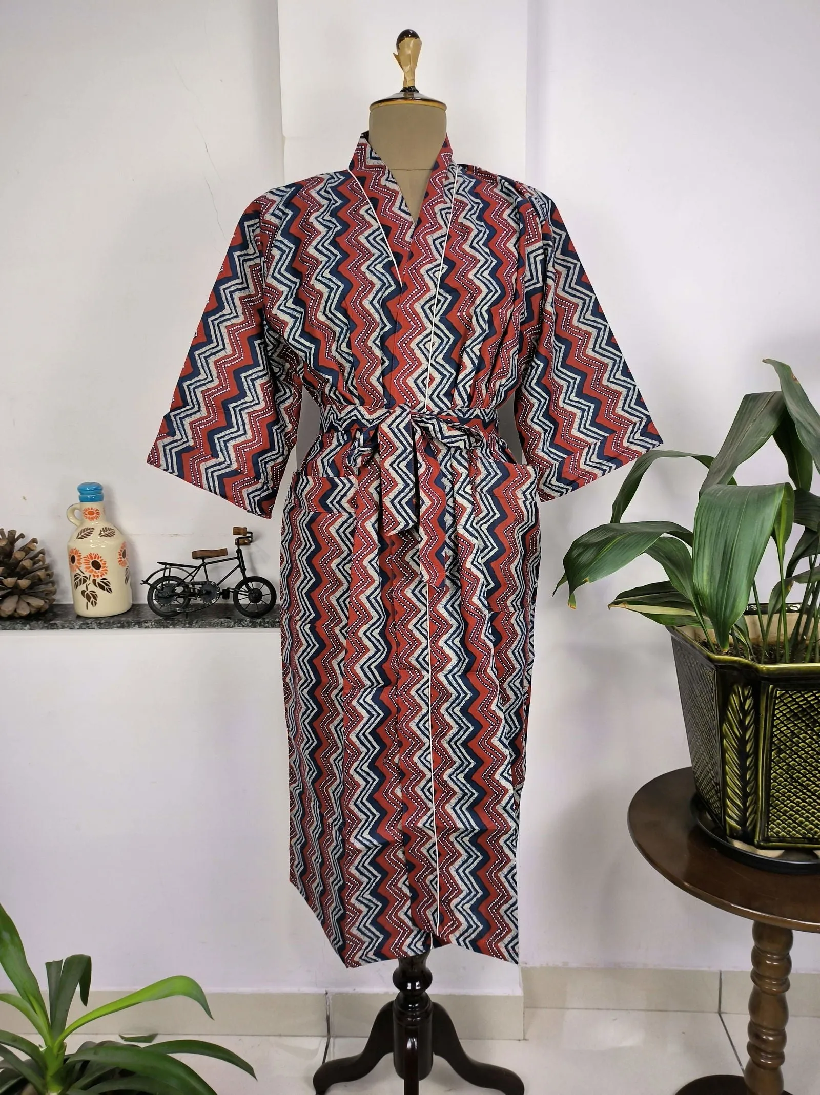 Pure Cotton Kimono Indian Handprinted Boho House Robe Summer Dress | Red Blue Geometric Print | Beach Cover Up Wear | Christmas Present