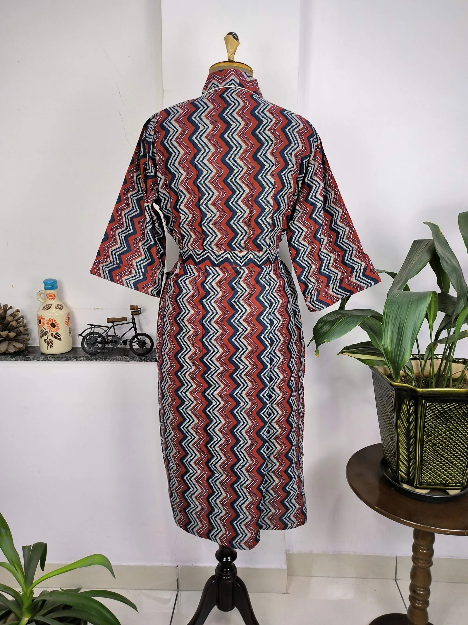 Pure Cotton Kimono Indian Handprinted Boho House Robe Summer Dress | Red Blue Geometric Print | Beach Cover Up Wear | Christmas Present