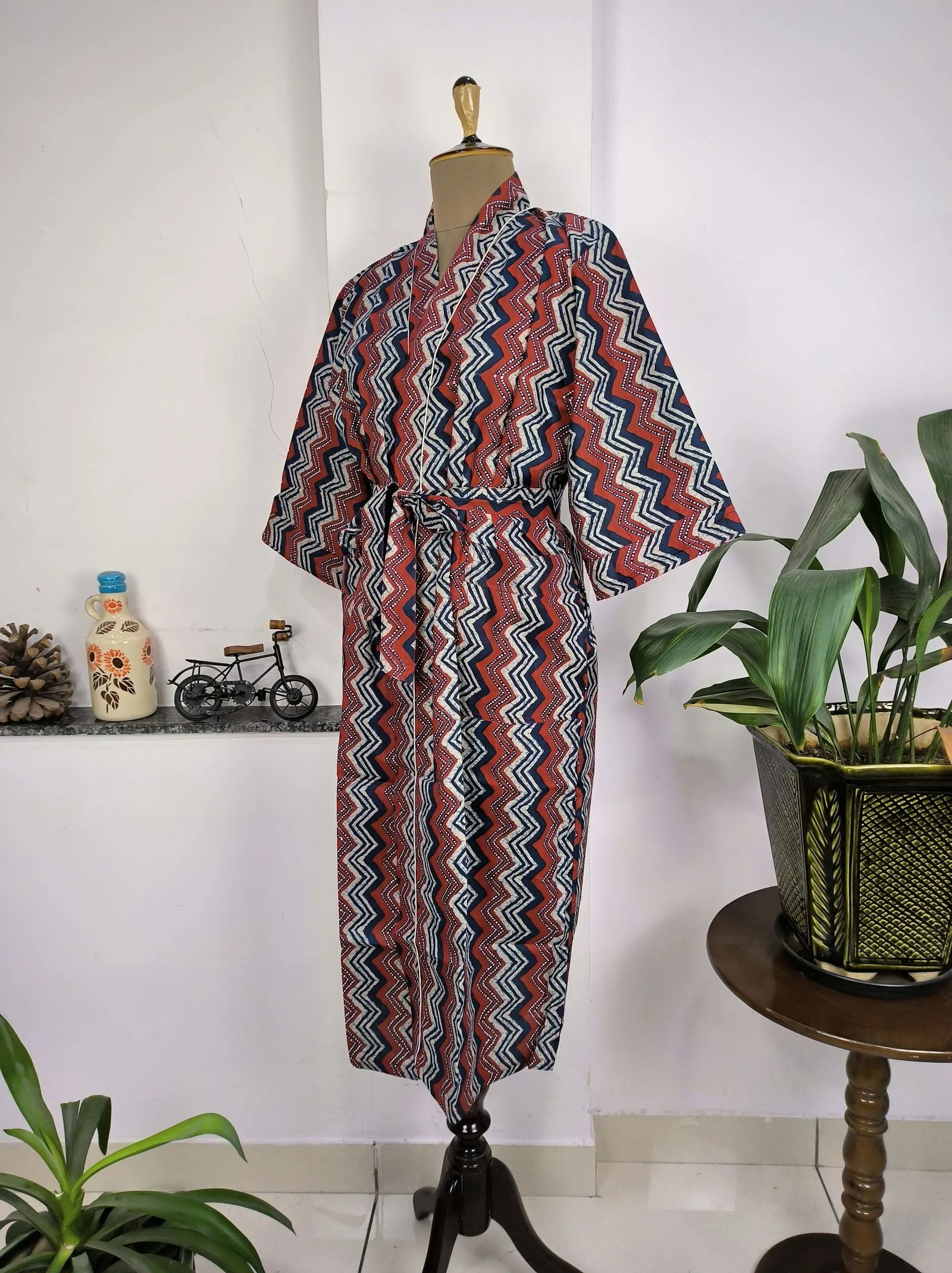 Pure Cotton Kimono Indian Handprinted Boho House Robe Summer Dress | Red Blue Geometric Print | Beach Cover Up Wear | Christmas Present
