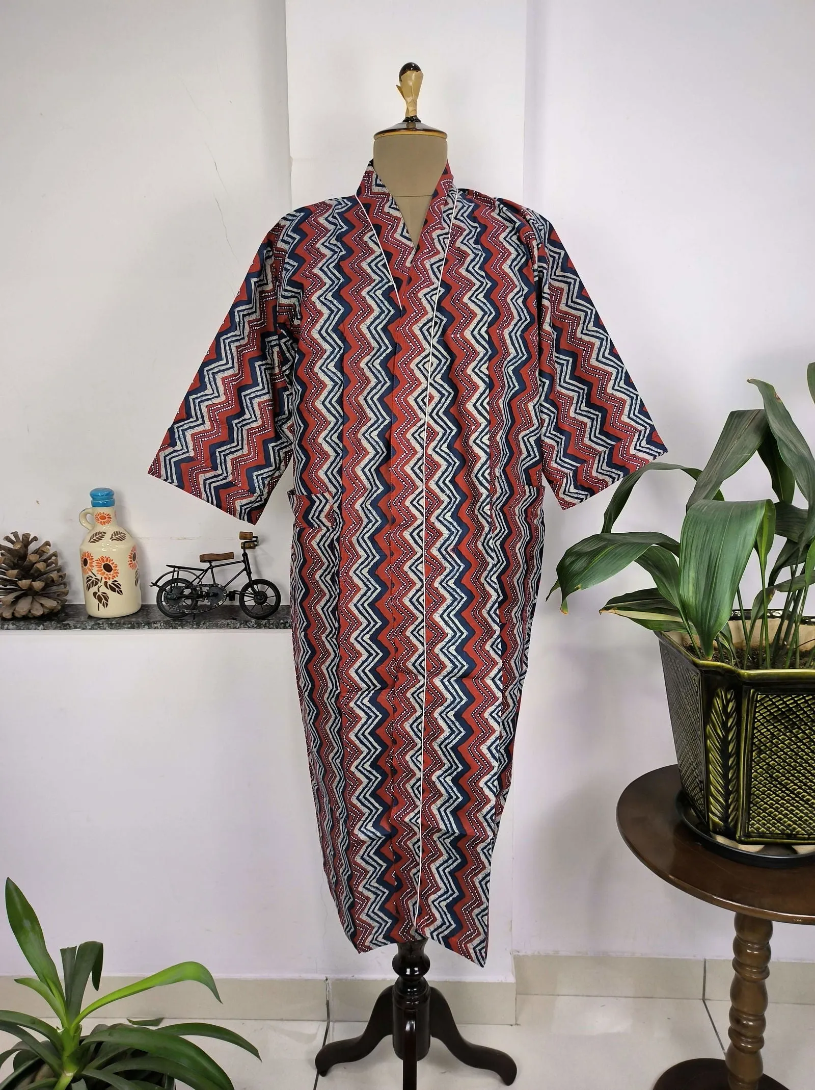 Pure Cotton Kimono Indian Handprinted Boho House Robe Summer Dress | Red Blue Geometric Print | Beach Cover Up Wear | Christmas Present