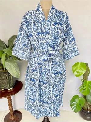 Pure Cotton Kimono Indian Handprinted Boho House Robe Summer Dress, White Blue Floral Beach Coverup Maternity Mom Bridal