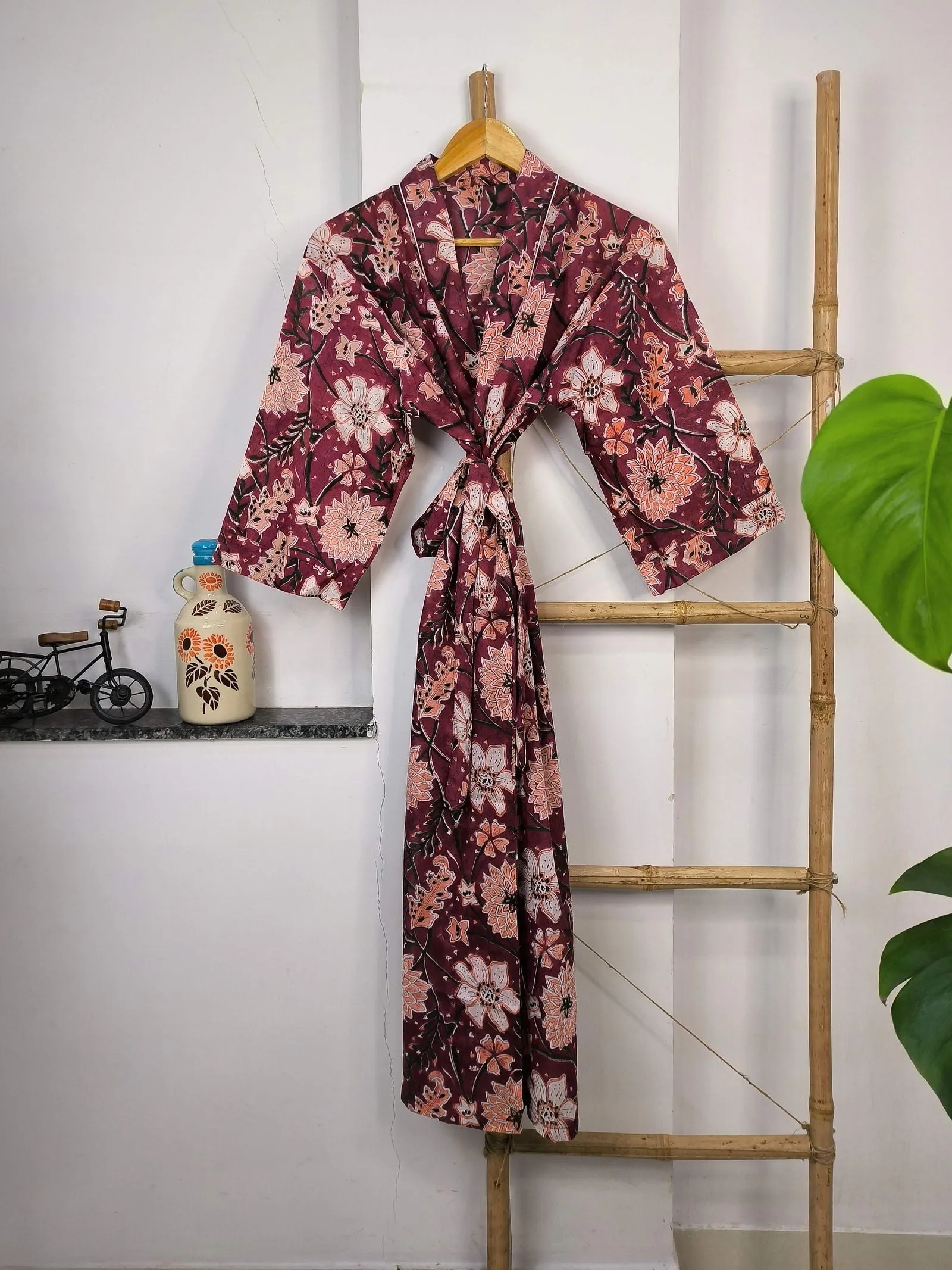 Pure Cotton Kimono Indian Handprinted Boho House Robe Summer Dress | Wine White Floral Print | Beach Cover Up Wear | Christmas Present