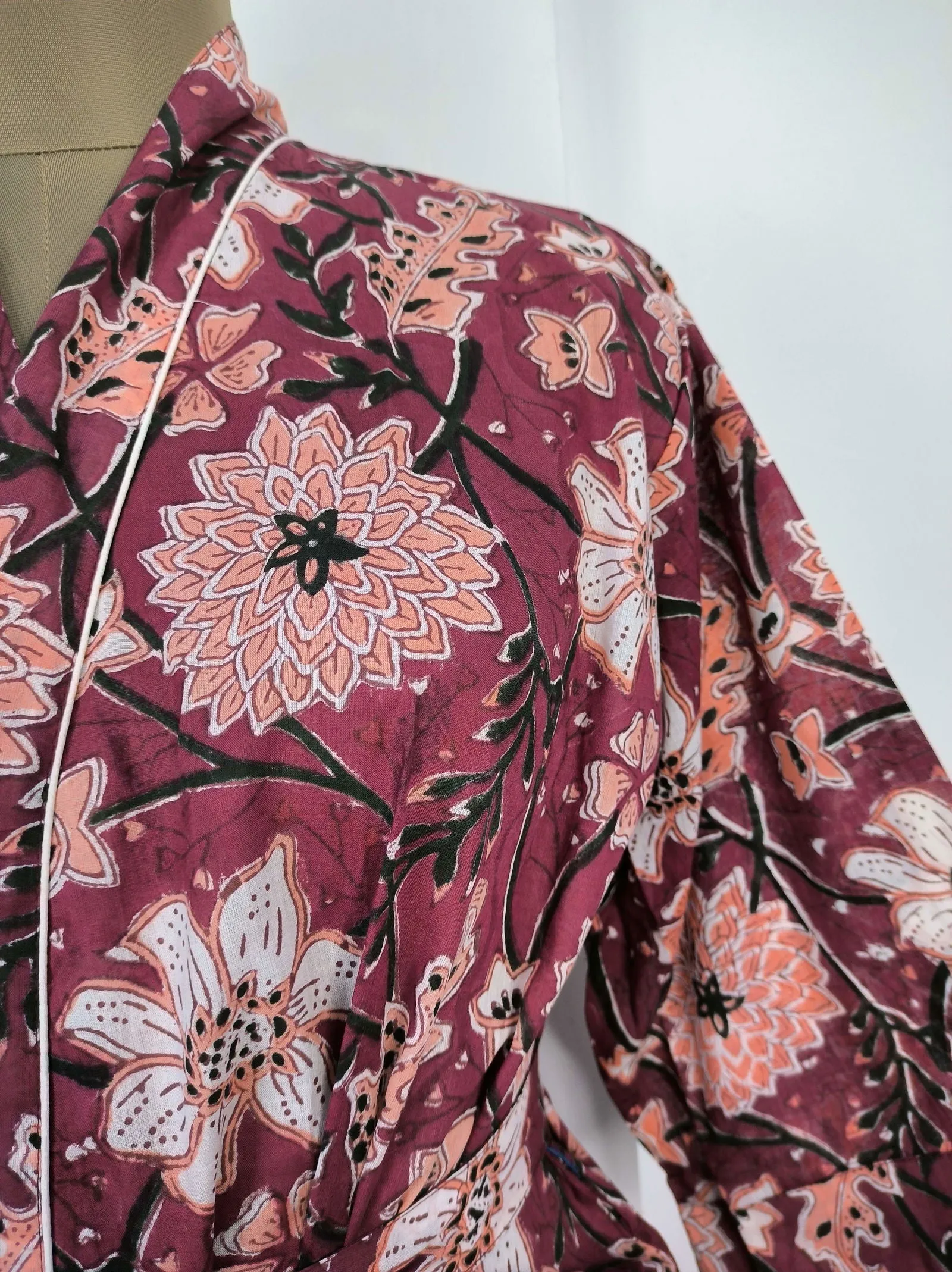 Pure Cotton Kimono Indian Handprinted Boho House Robe Summer Dress | Wine White Floral Print | Beach Cover Up Wear | Christmas Present