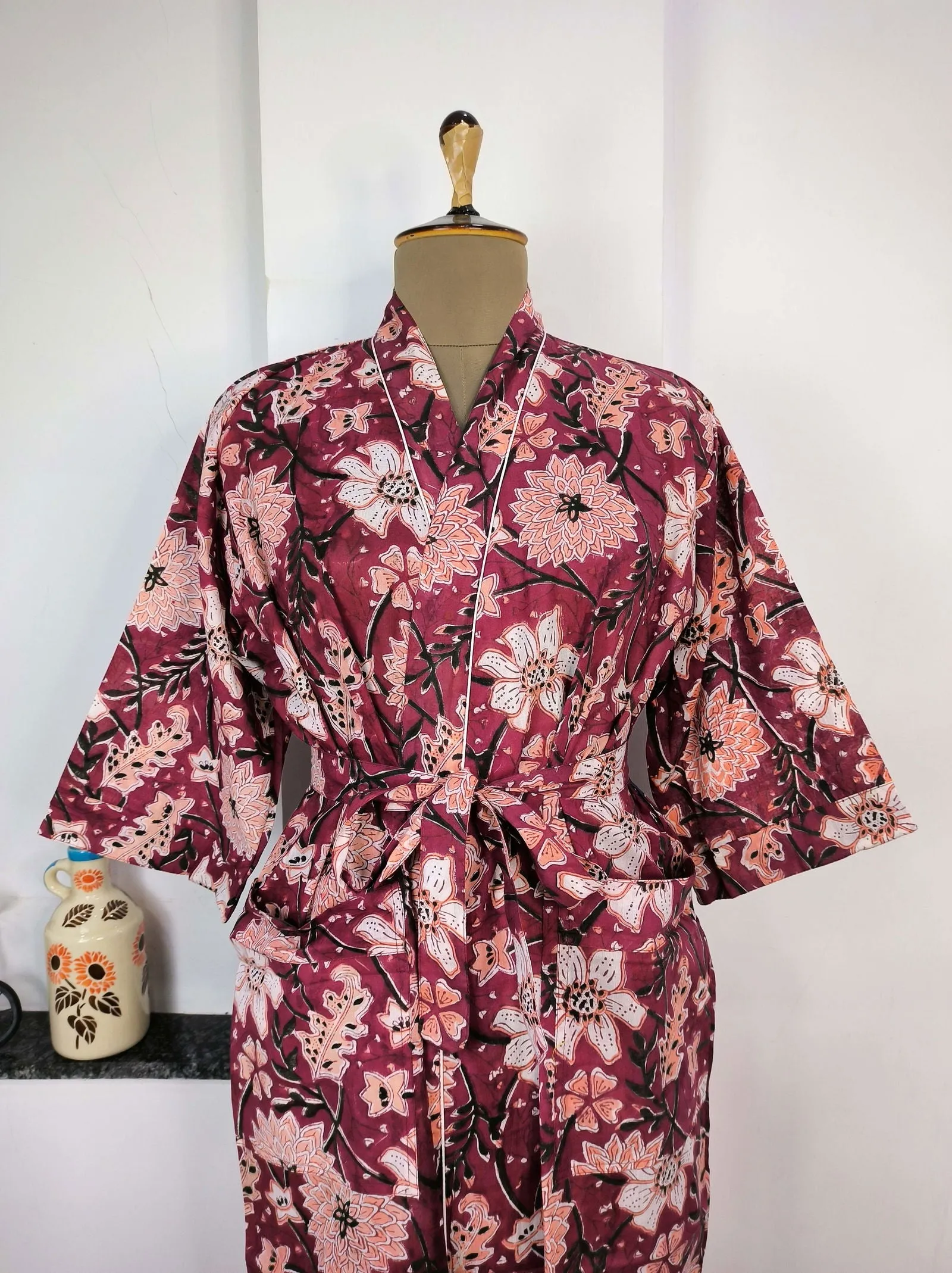 Pure Cotton Kimono Indian Handprinted Boho House Robe Summer Dress | Wine White Floral Print | Beach Cover Up Wear | Christmas Present