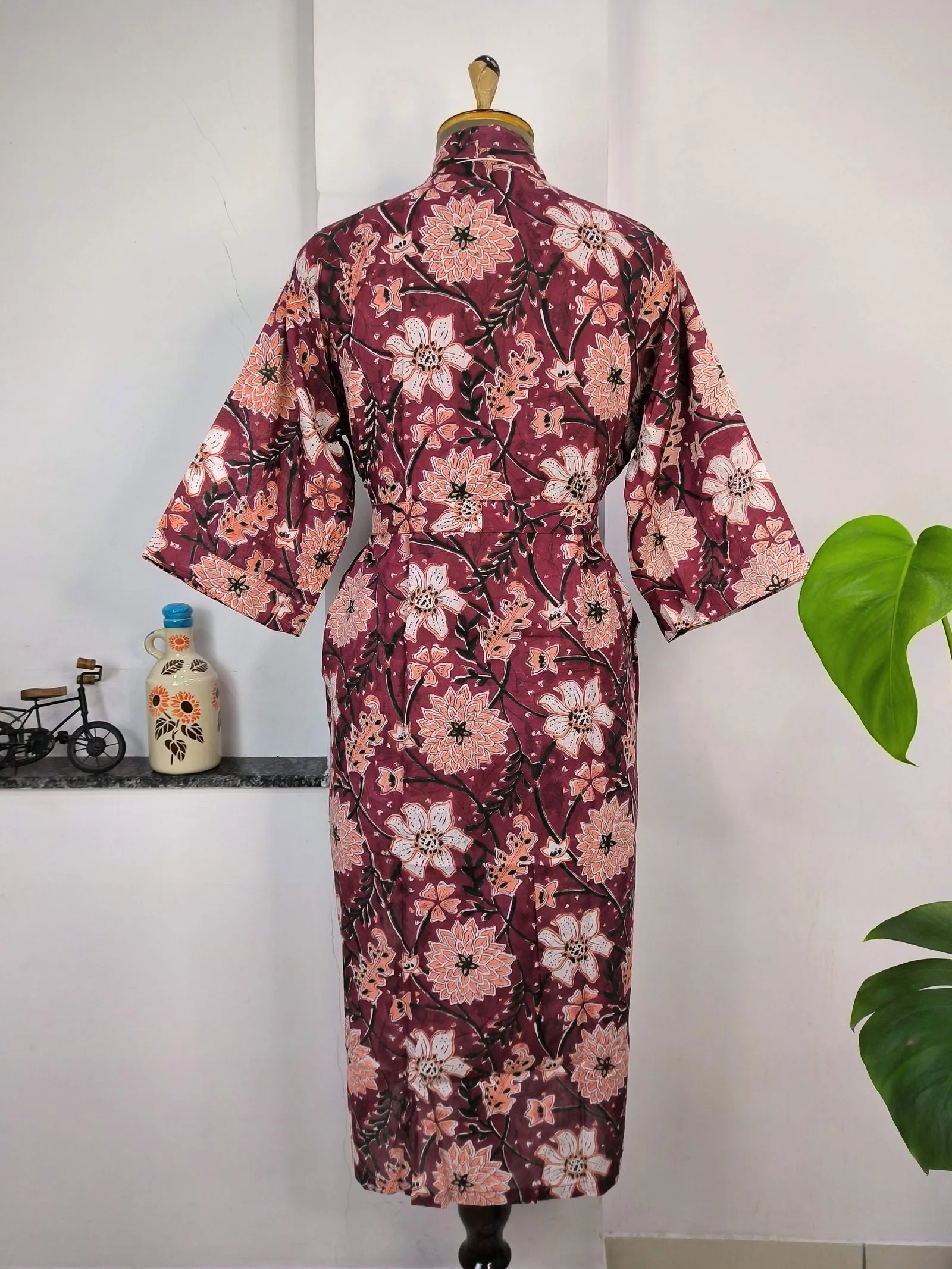 Pure Cotton Kimono Indian Handprinted Boho House Robe Summer Dress | Wine White Floral Print | Beach Cover Up Wear | Christmas Present