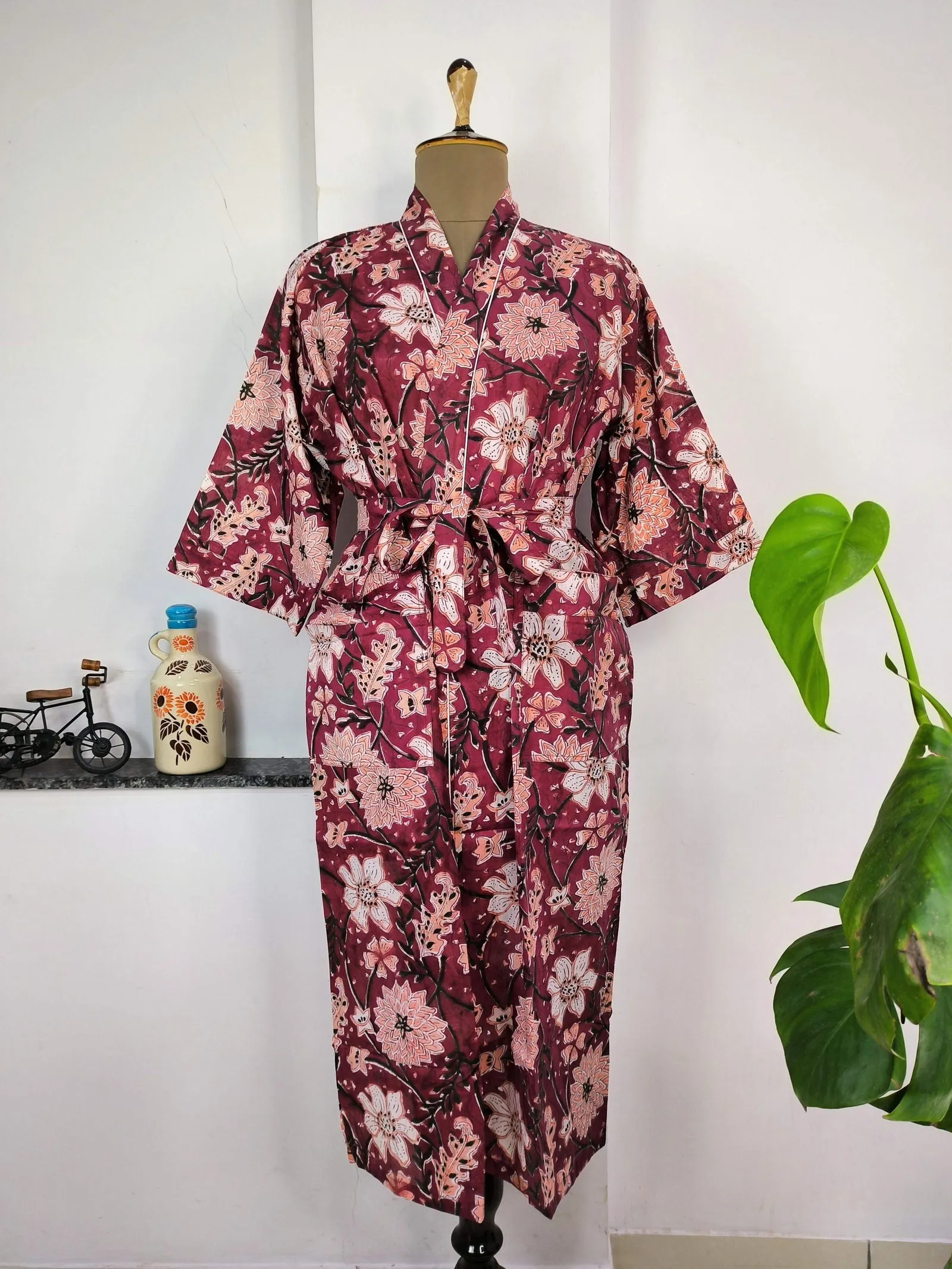 Pure Cotton Kimono Indian Handprinted Boho House Robe Summer Dress | Wine White Floral Print | Beach Cover Up Wear | Christmas Present