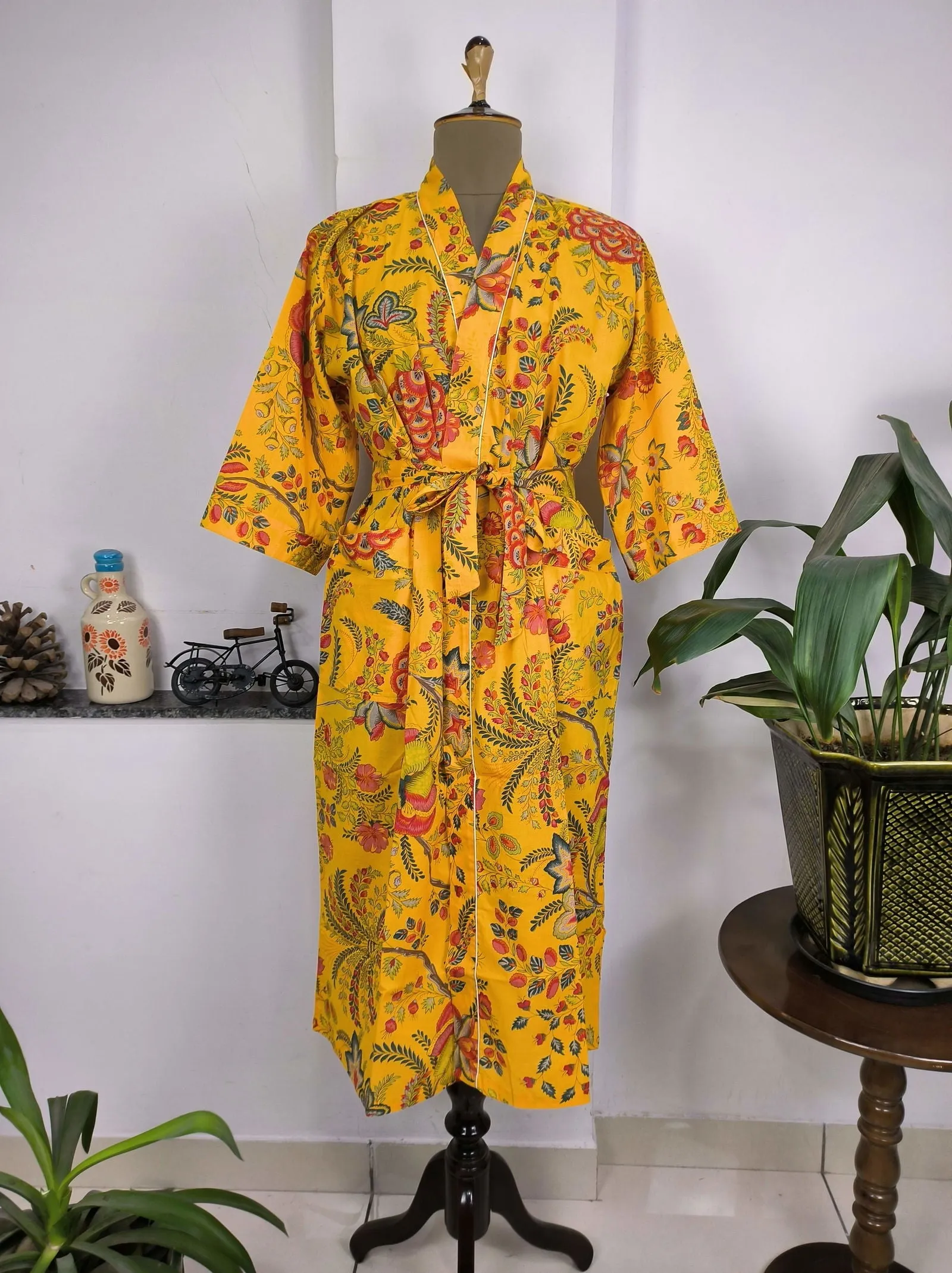 Pure Cotton Kimono Indian Handprinted Boho House Robe Summer Dress | Yellow Green Red Floral | Beach Cover Up Wear | Christmas Present