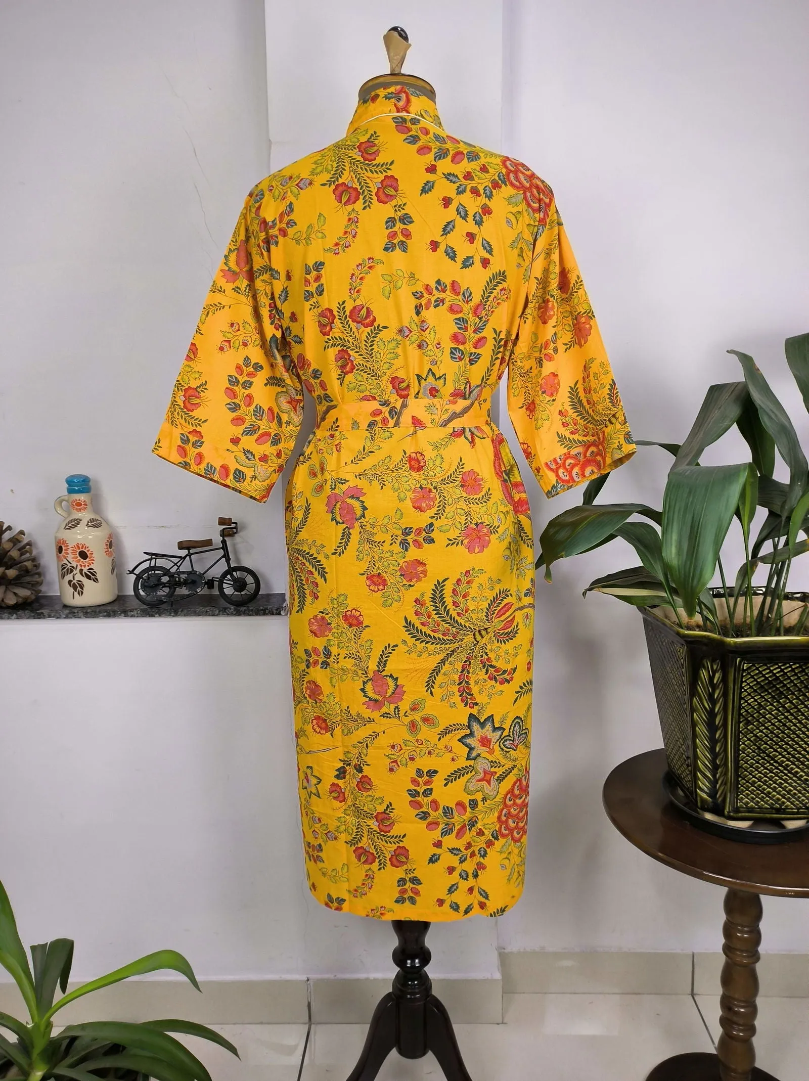 Pure Cotton Kimono Indian Handprinted Boho House Robe Summer Dress | Yellow Green Red Floral | Beach Cover Up Wear | Christmas Present