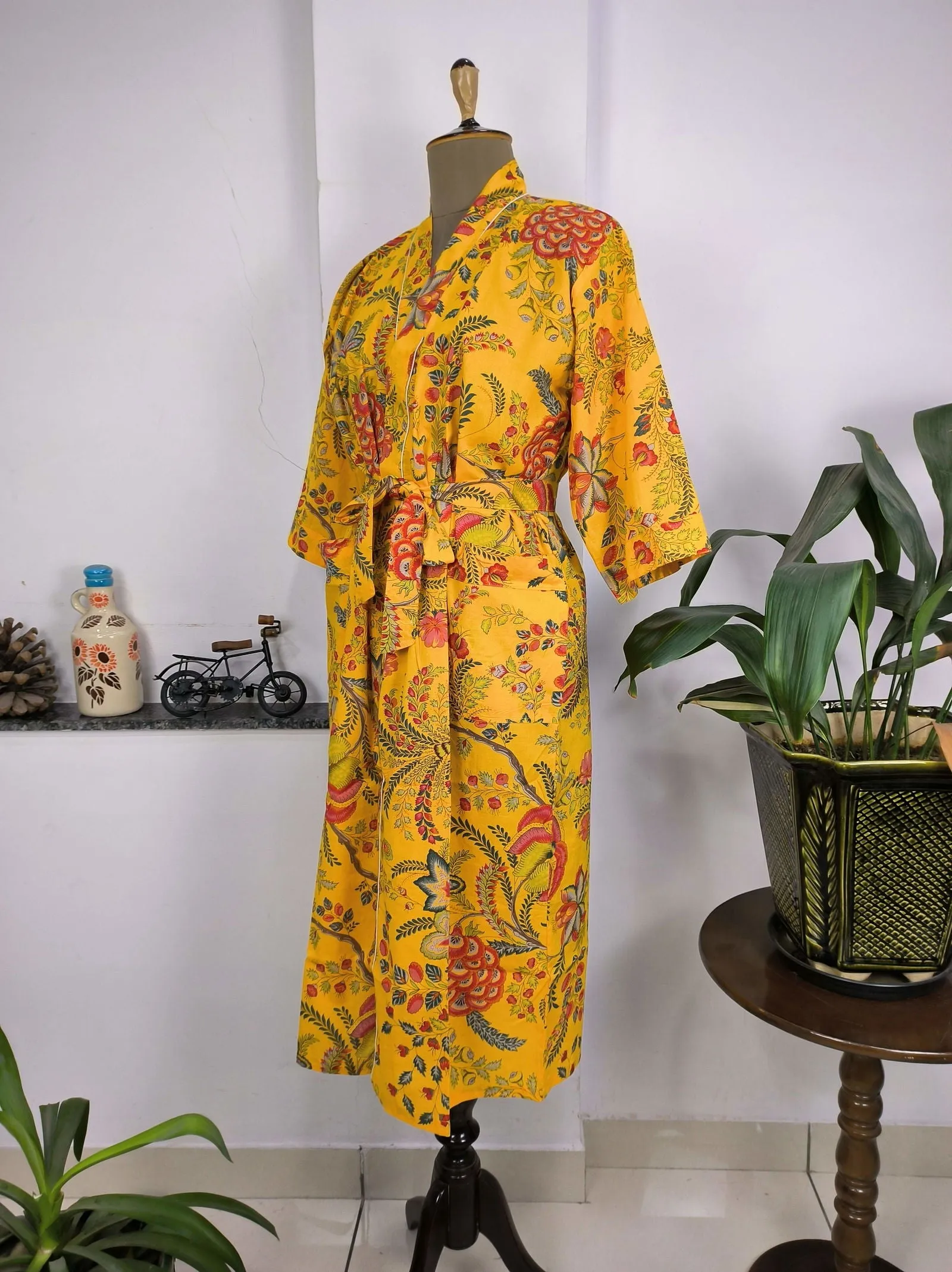 Pure Cotton Kimono Indian Handprinted Boho House Robe Summer Dress | Yellow Green Red Floral | Beach Cover Up Wear | Christmas Present