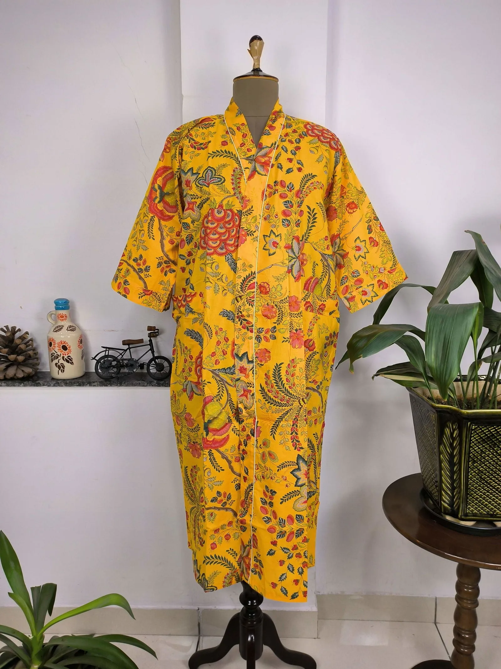 Pure Cotton Kimono Indian Handprinted Boho House Robe Summer Dress | Yellow Green Red Floral | Beach Cover Up Wear | Christmas Present