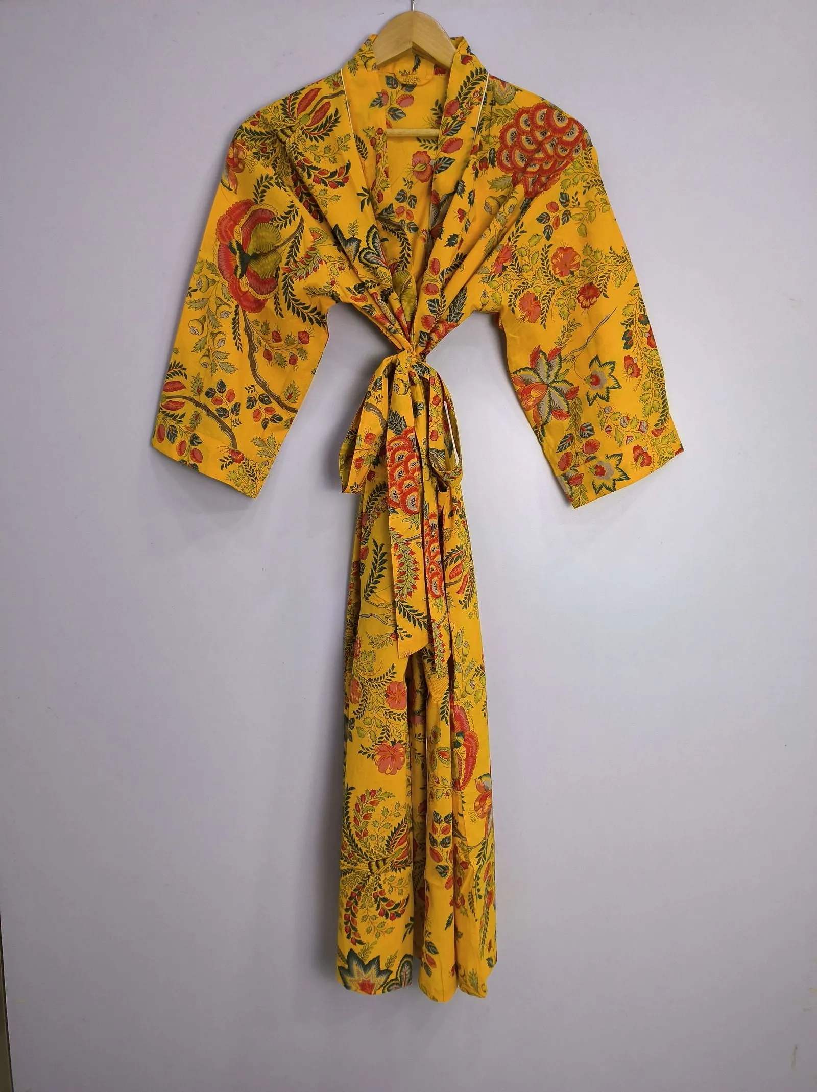 Pure Cotton Kimono Indian Handprinted Boho House Robe Summer Dress | Yellow Green Red Floral | Beach Cover Up Wear | Christmas Present