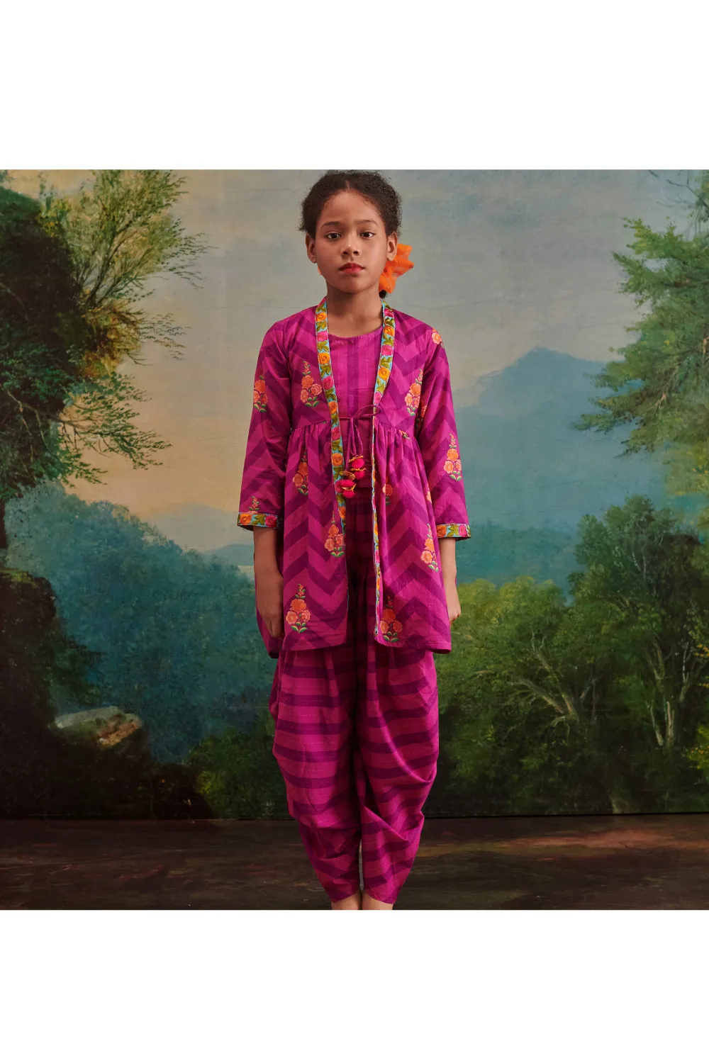 Purple Cotton Check Printed Top Jacket With Cowl Dhoti Set