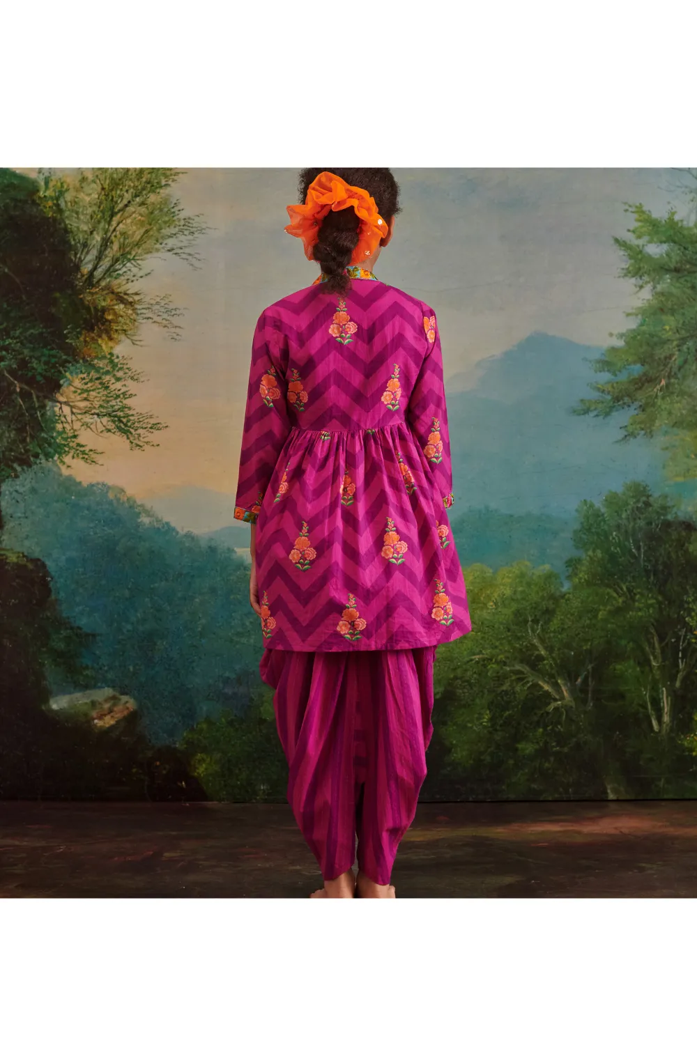 Purple Cotton Check Printed Top Jacket With Cowl Dhoti Set