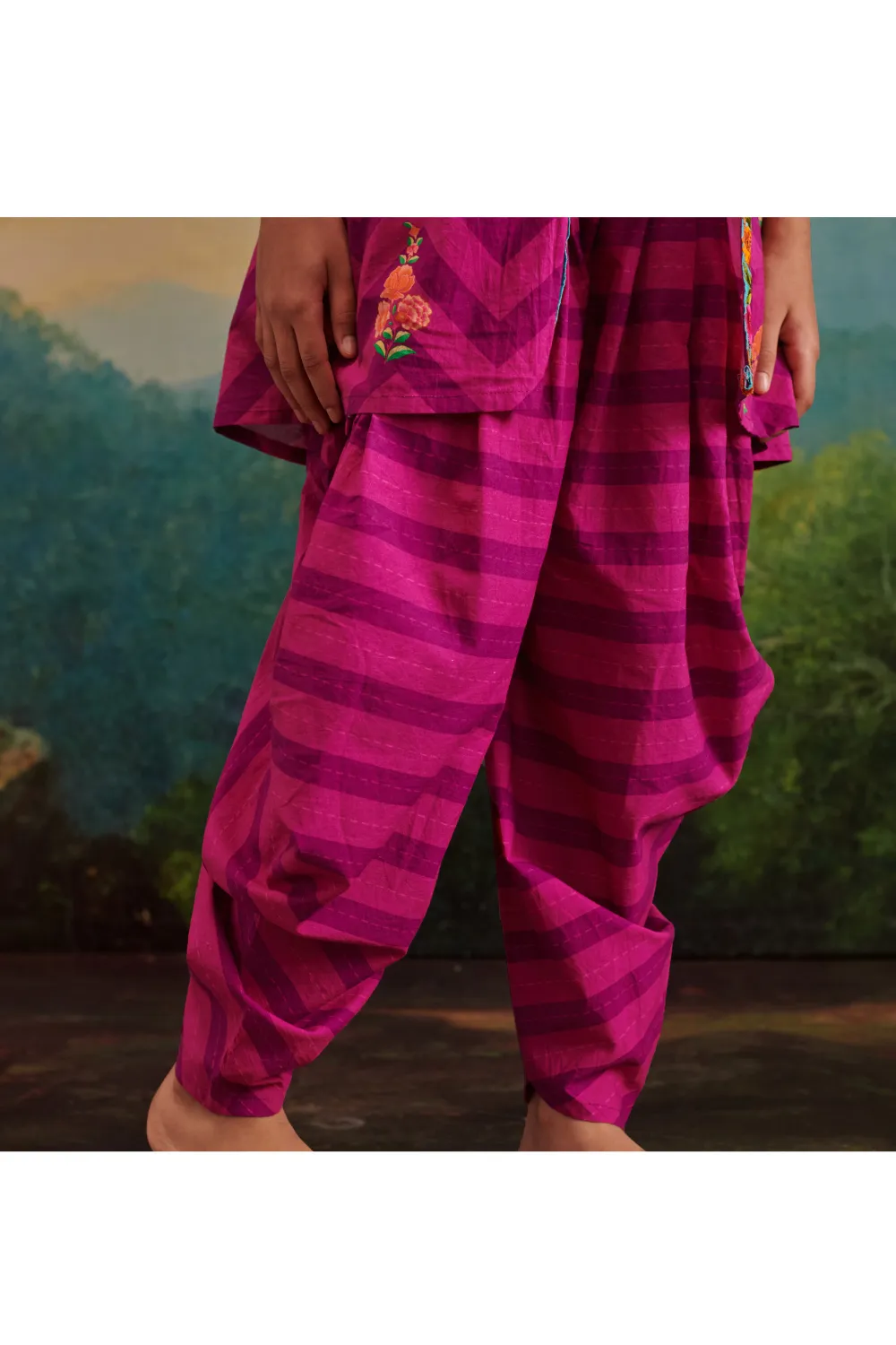 Purple Cotton Check Printed Top Jacket With Cowl Dhoti Set