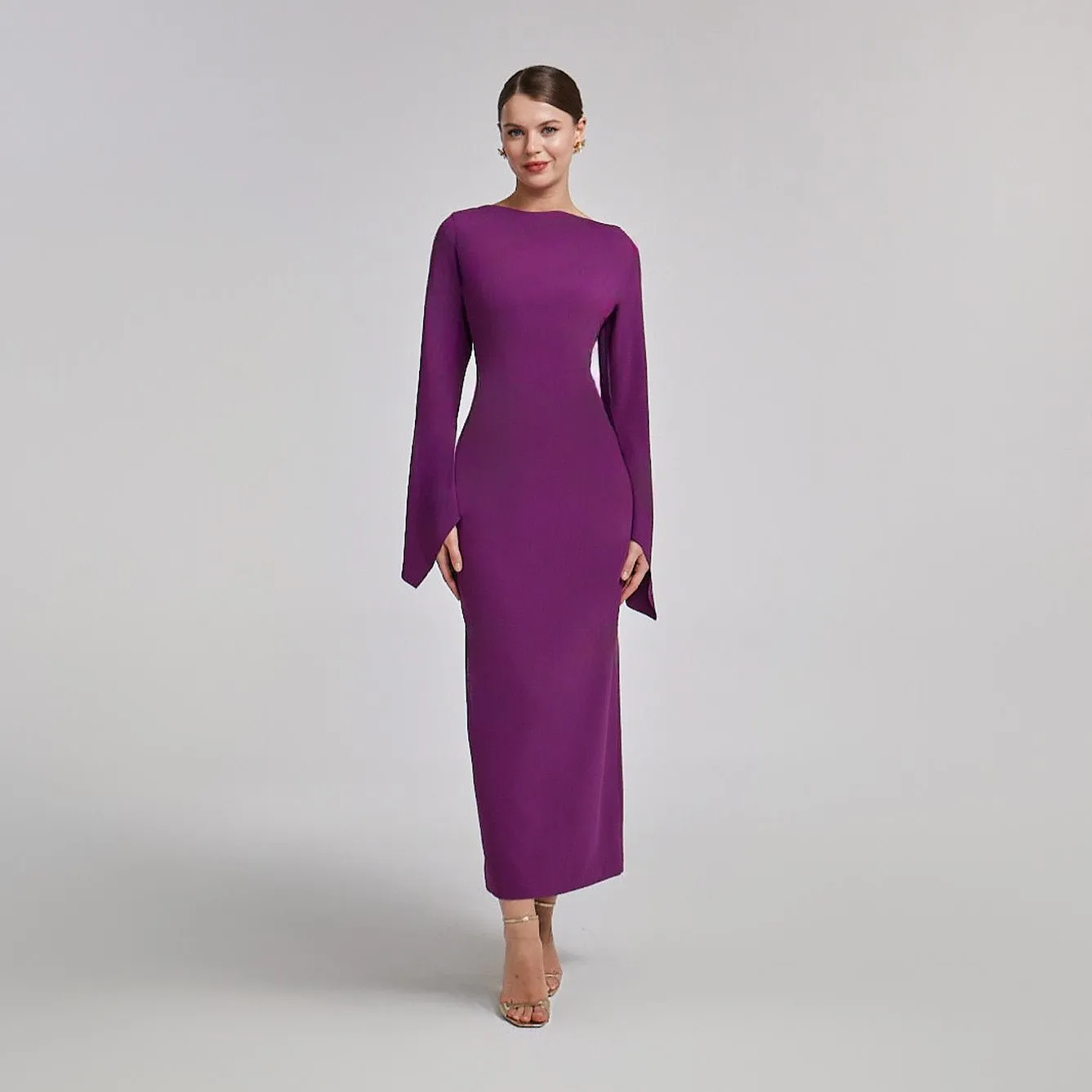 Purple Flared Long Sleeve Maxi Dress