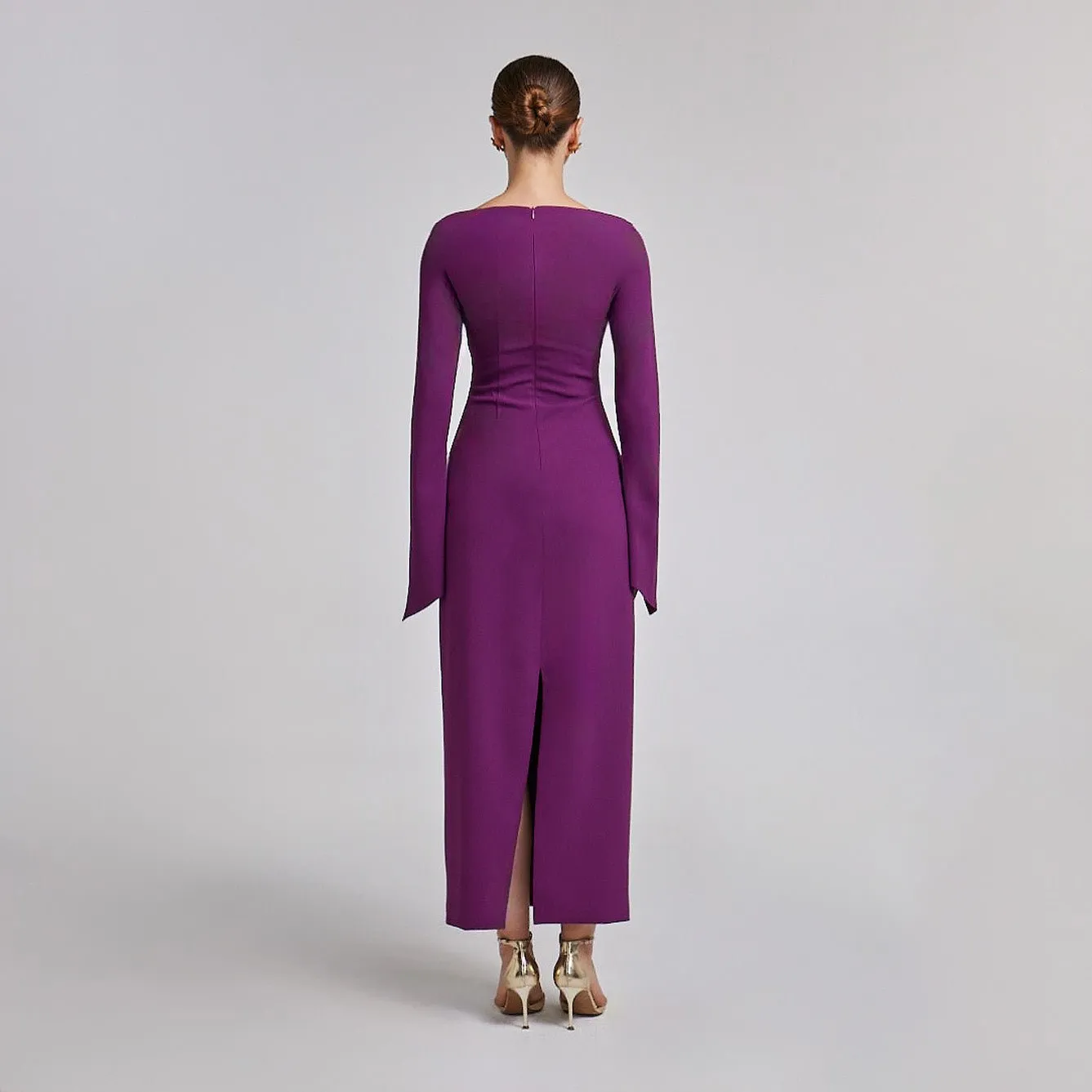 Purple Flared Long Sleeve Maxi Dress