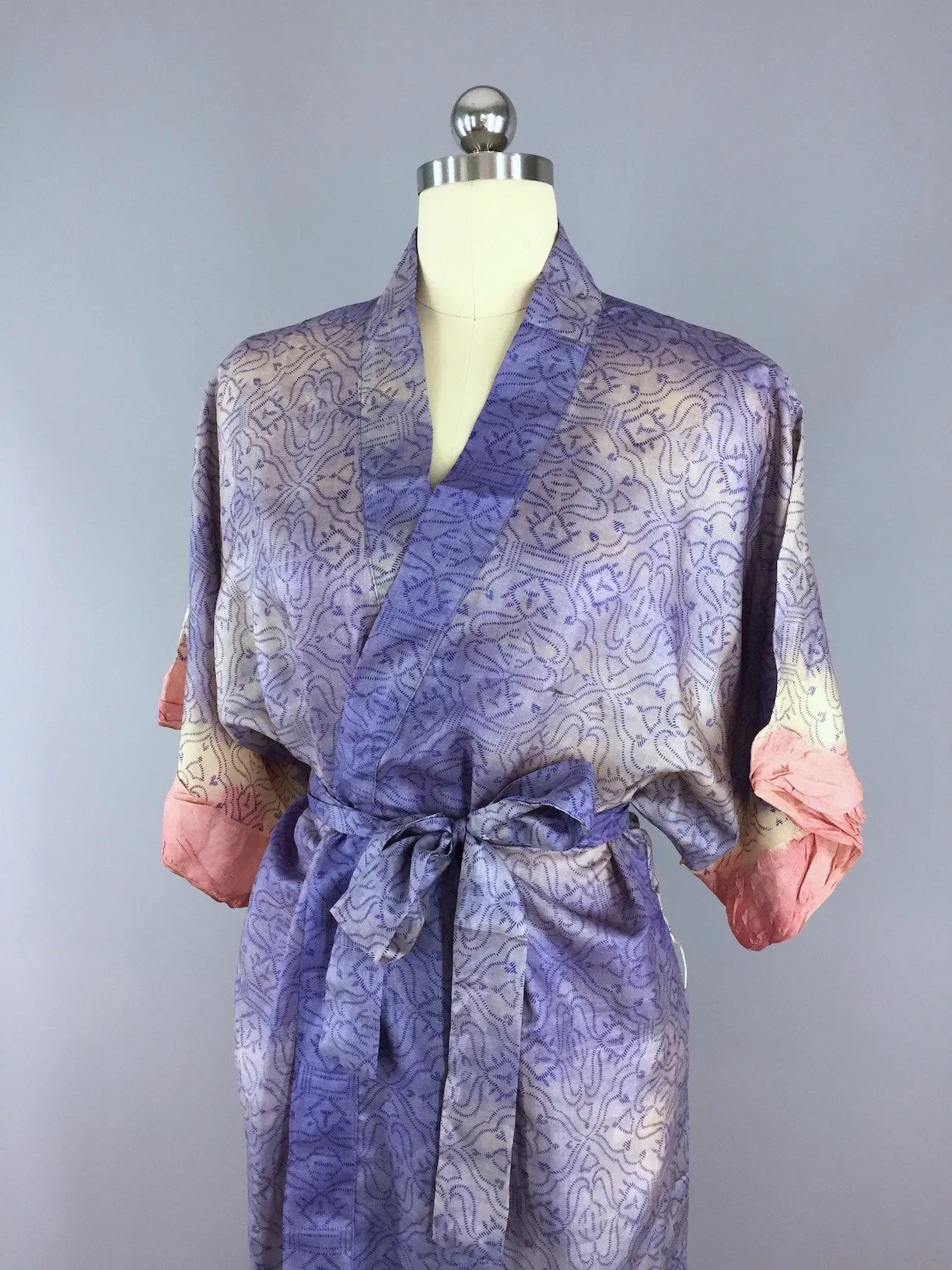 Raw Silk Sari Robe / Blue Arabesque Print