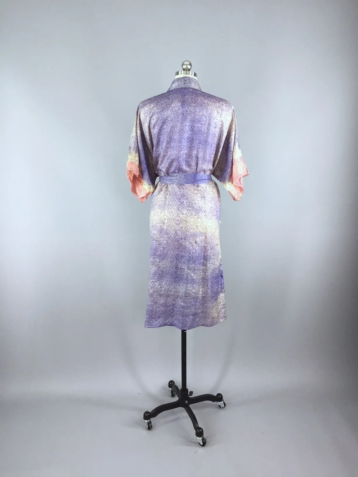 Raw Silk Sari Robe / Blue Arabesque Print