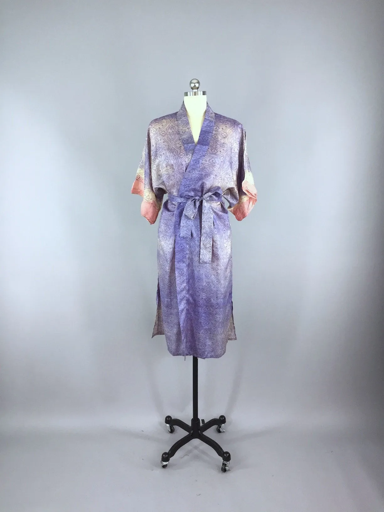 Raw Silk Sari Robe / Blue Arabesque Print
