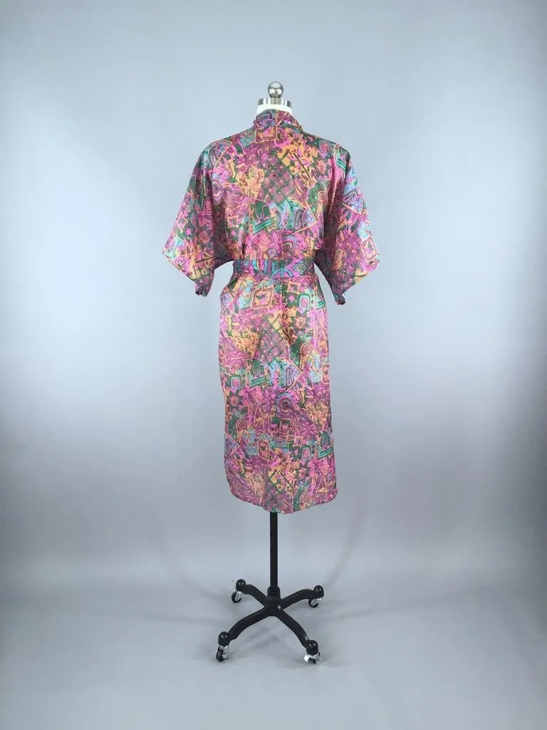 Raw Silk Sari Robe / Pink Orange Abstract Print