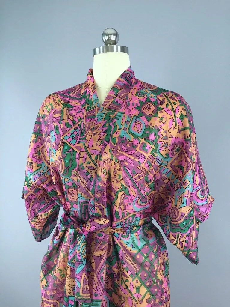 Raw Silk Sari Robe / Pink Orange Abstract Print