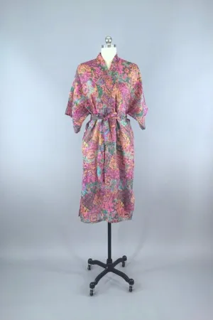 Raw Silk Sari Robe / Pink Orange Abstract Print