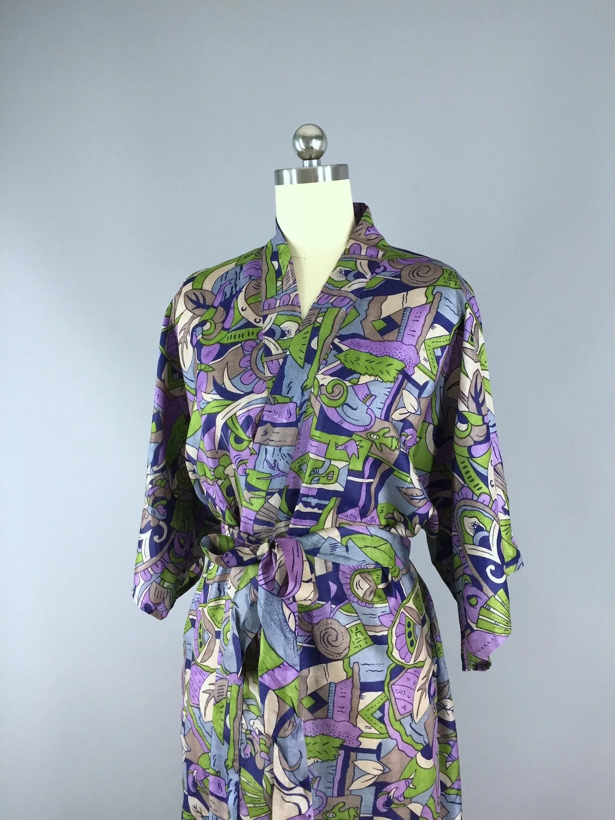 Raw Silk Sari Robe / Purple & Grey Art Deco Bird Print