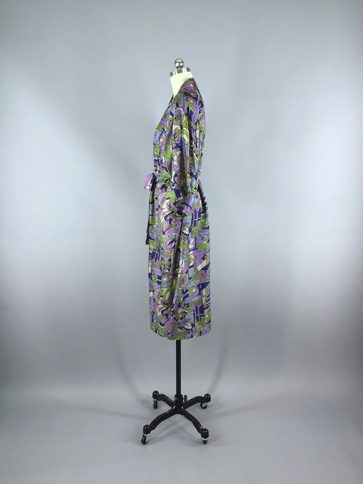 Raw Silk Sari Robe / Purple & Grey Art Deco Bird Print
