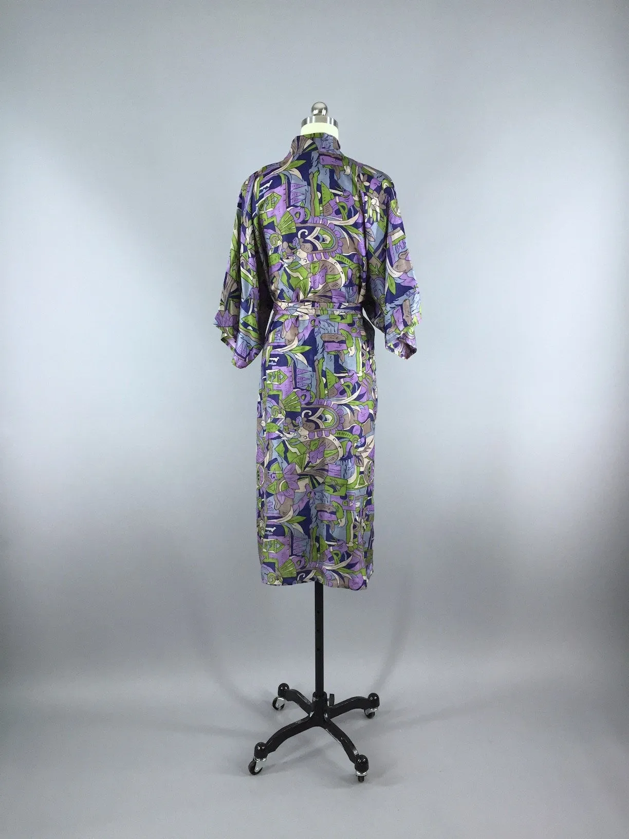 Raw Silk Sari Robe / Purple & Grey Art Deco Bird Print