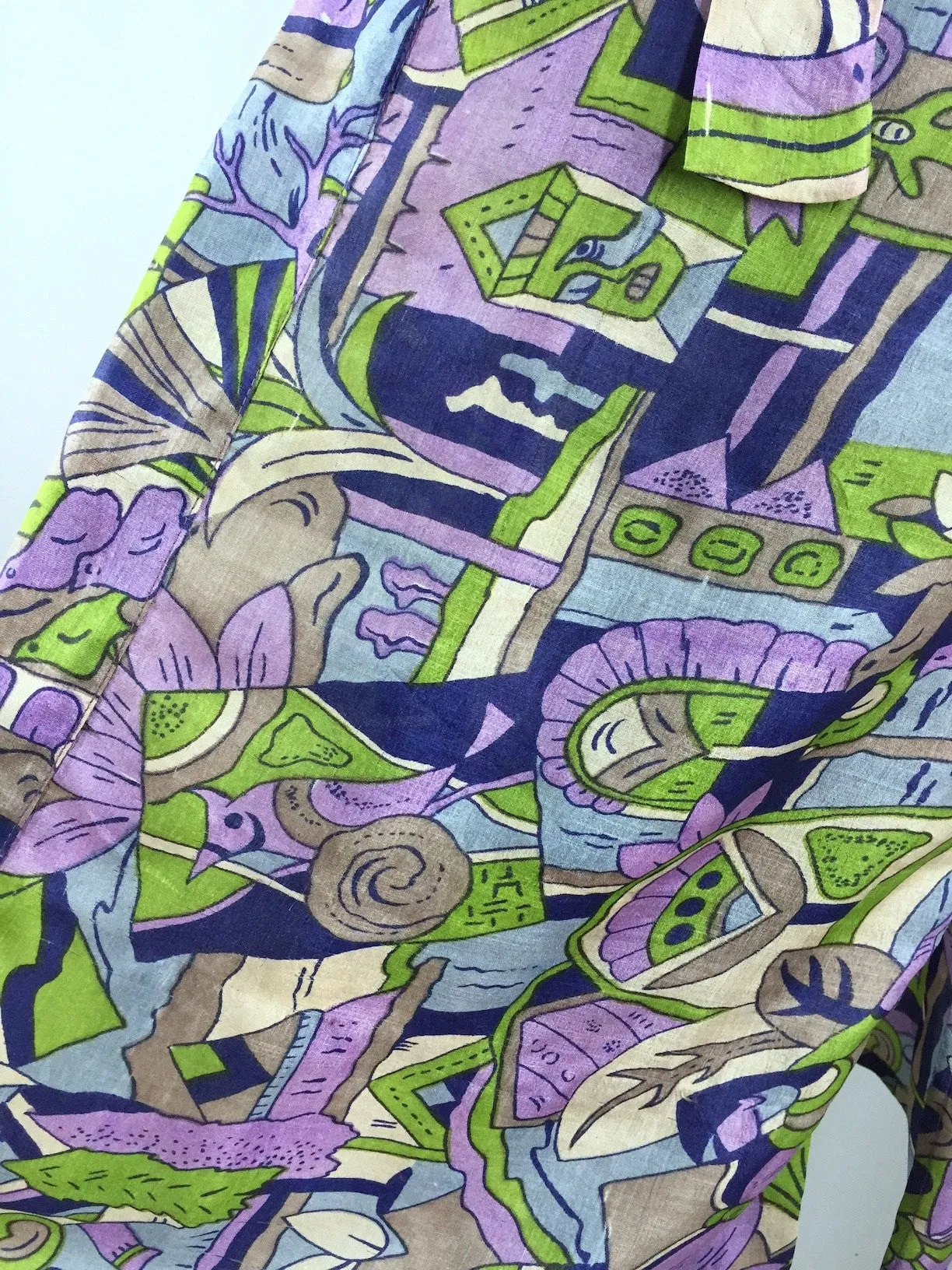 Raw Silk Sari Robe / Purple & Grey Art Deco Bird Print