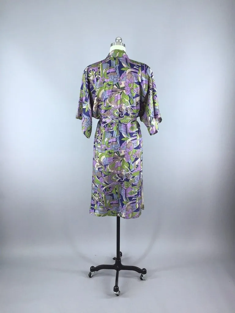 Raw Silk Sari Robe / Purple & Grey Art Deco
