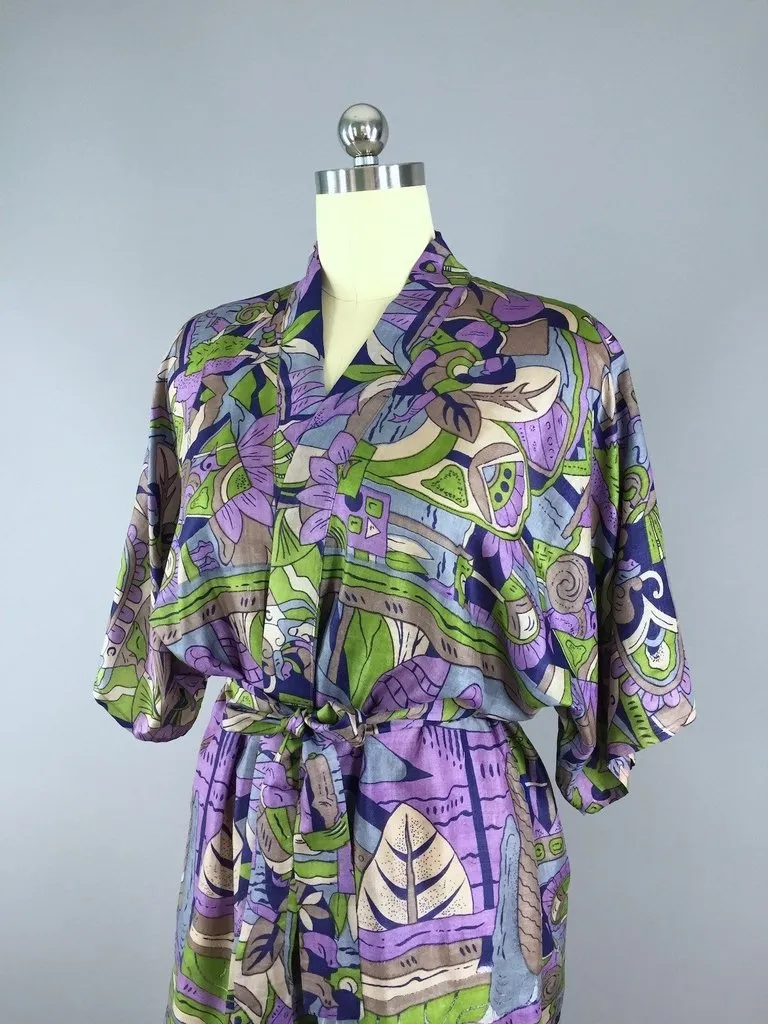 Raw Silk Sari Robe / Purple & Grey Art Deco