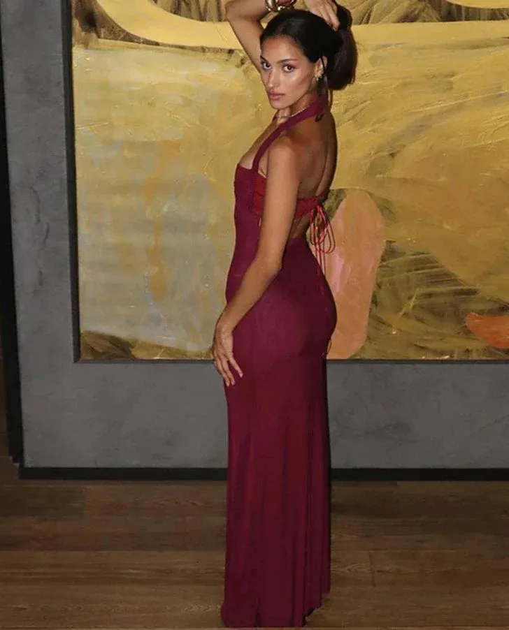 Red Halter Stylish Strap Maxi Dress