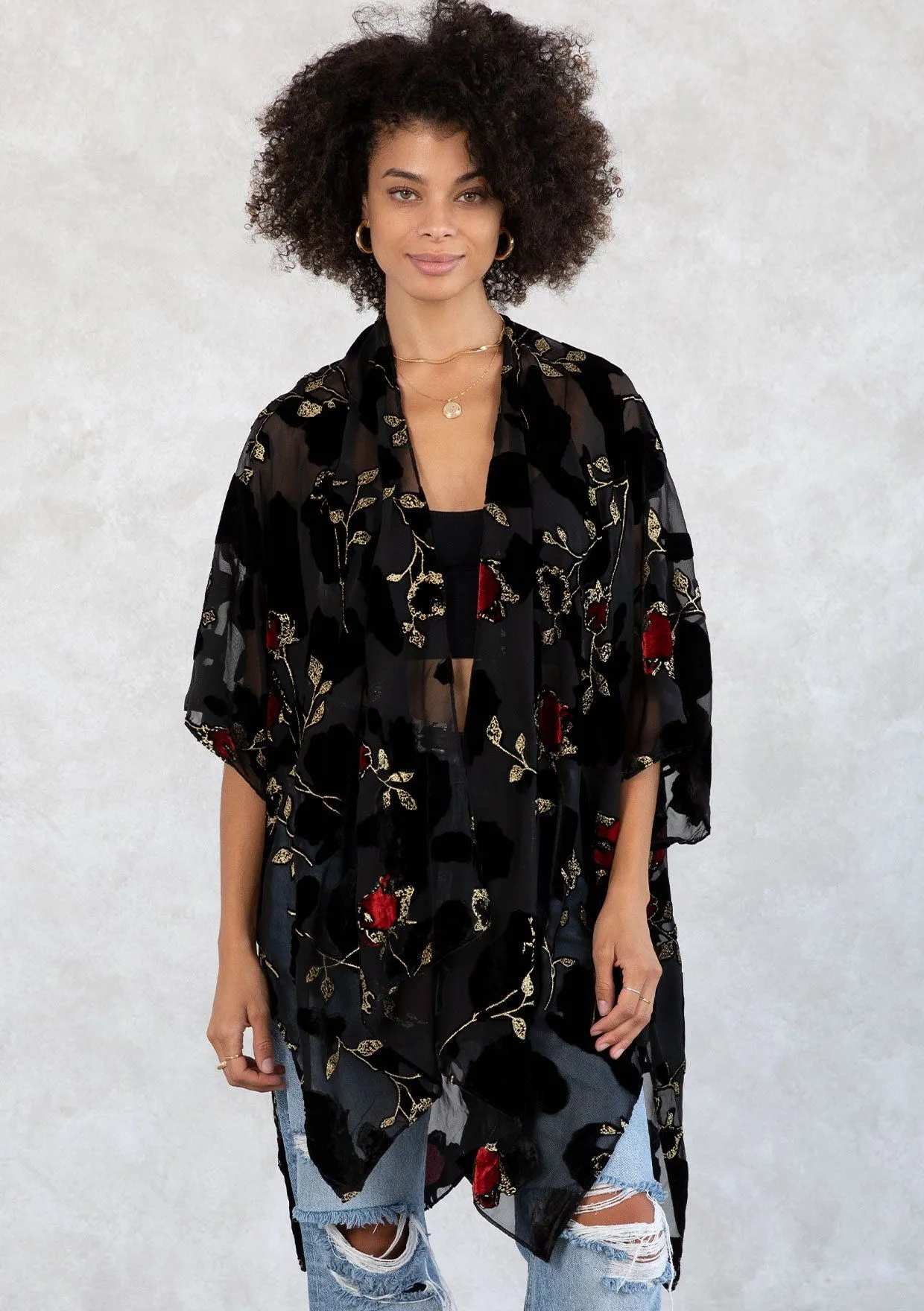 Red Roses Velvet Kimono