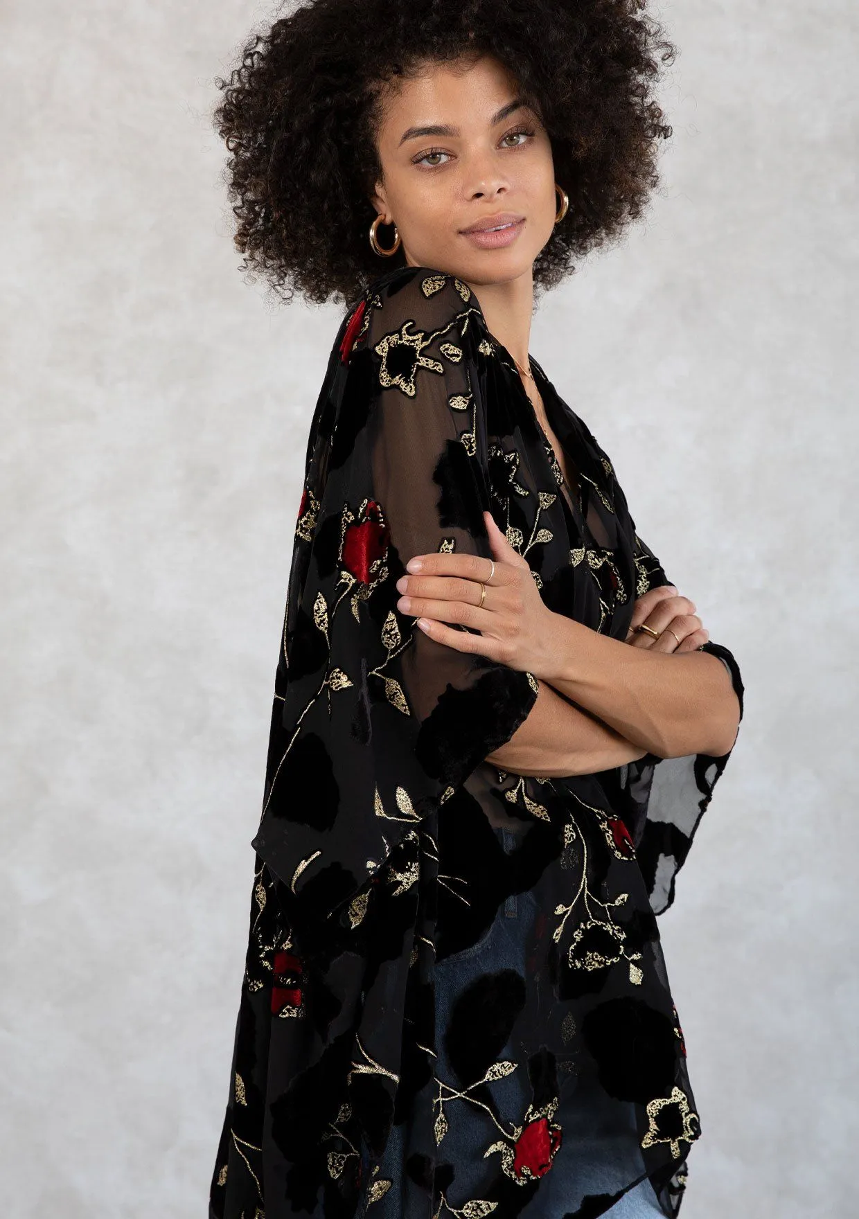 Red Roses Velvet Kimono