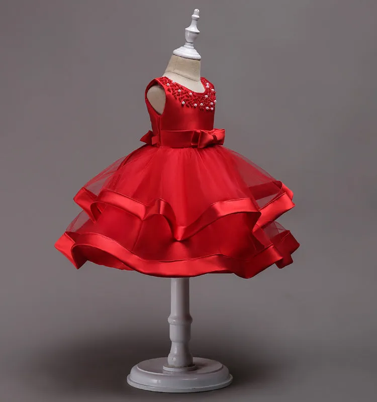 Red Two Tier Beaded Dress,, Size 3-10 Yrs
